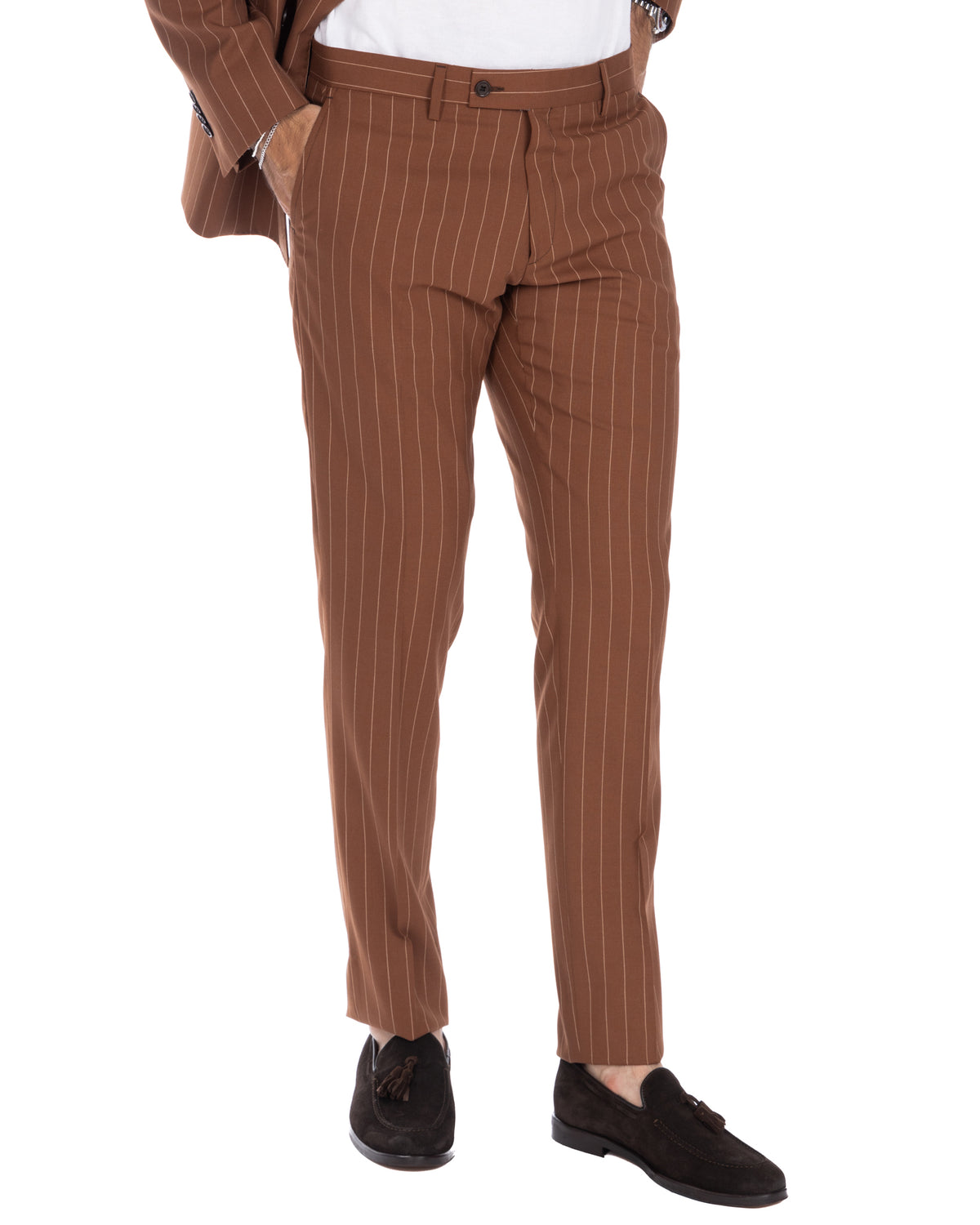 Brown pinstripe slim fit dress pants, tailored wool blend suit trousers with flat front and belt loops
