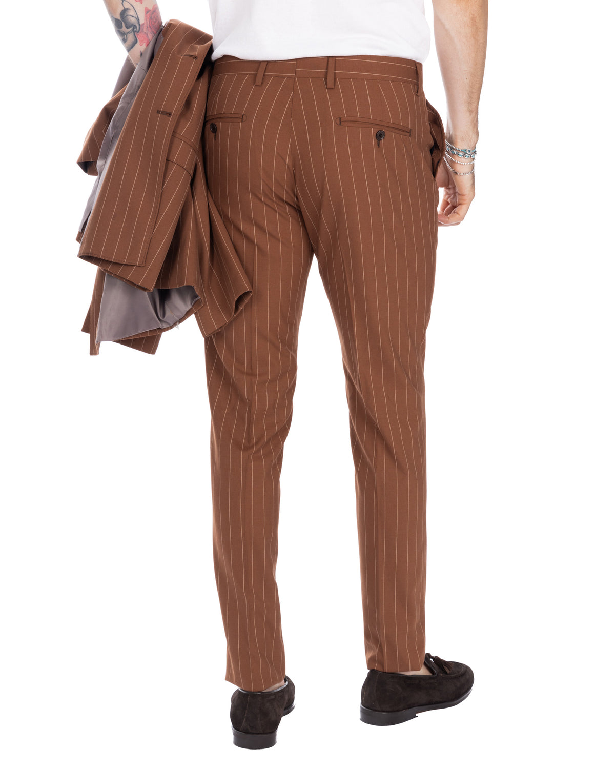 Brown pinstripe slim-fit suit pants, back view, tailored wool blend trousers with button pockets