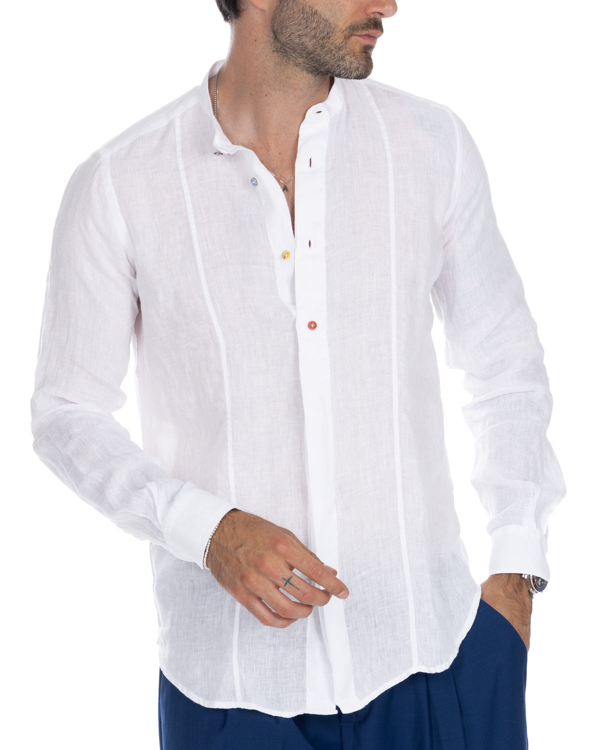 White linen long sleeve button-down shirt for men, lightweight breathable fabric with colorful buttons and relaxed fit.