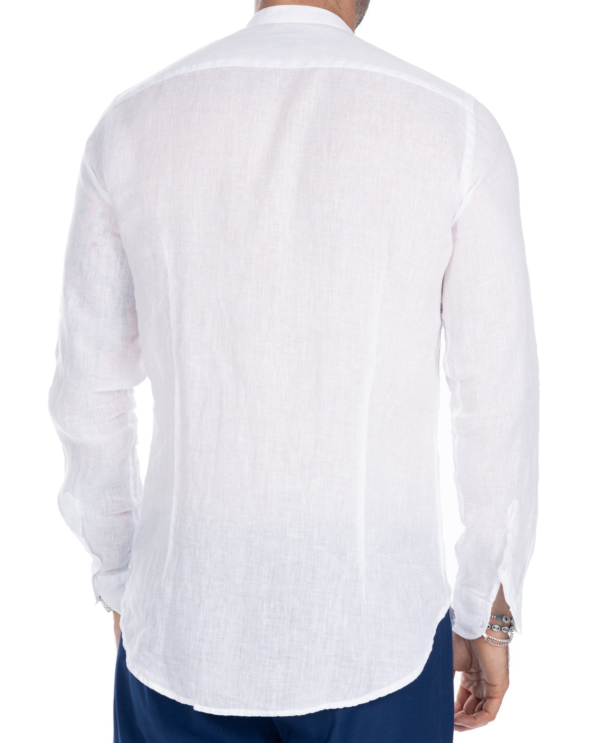 White linen long sleeve shirt, lightweight breathable fabric, relaxed fit, back view.