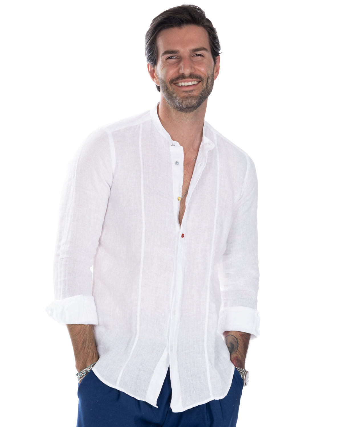 Men's white linen button-down shirt with mandarin collar, long sleeves, and relaxed fit for casual summer style.