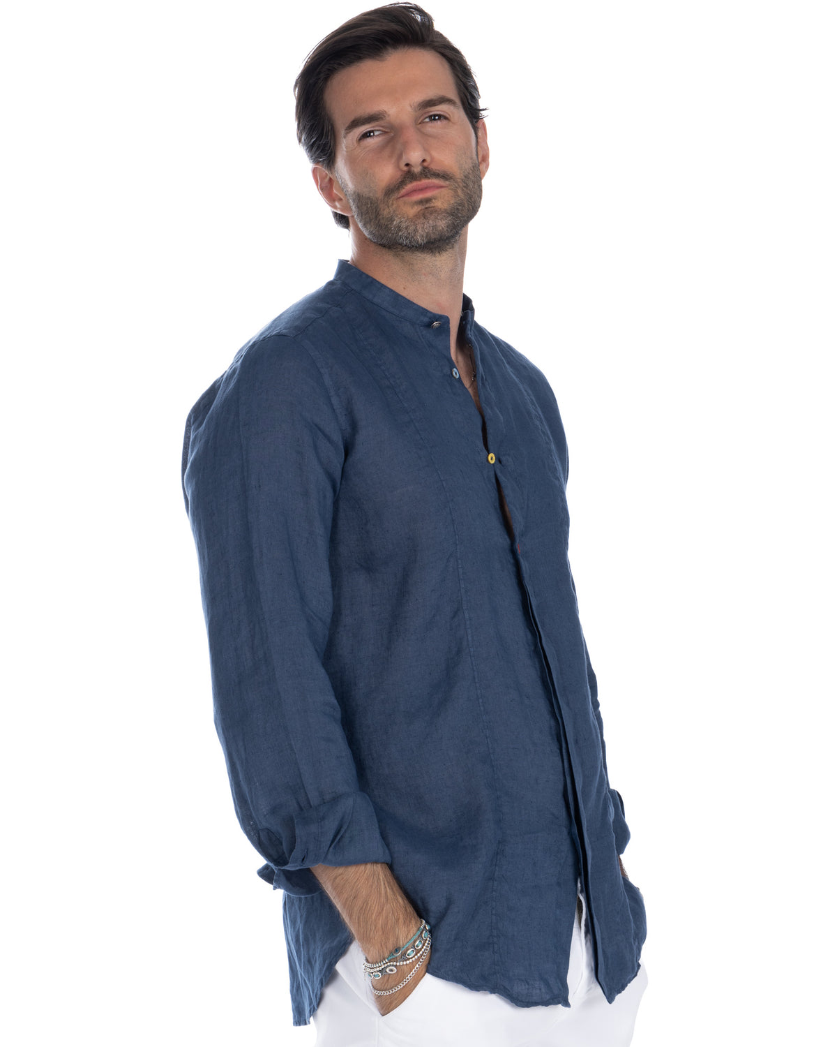 Navy blue linen men's shirt with mandarin collar, long sleeves, and button front. Casual lightweight style.