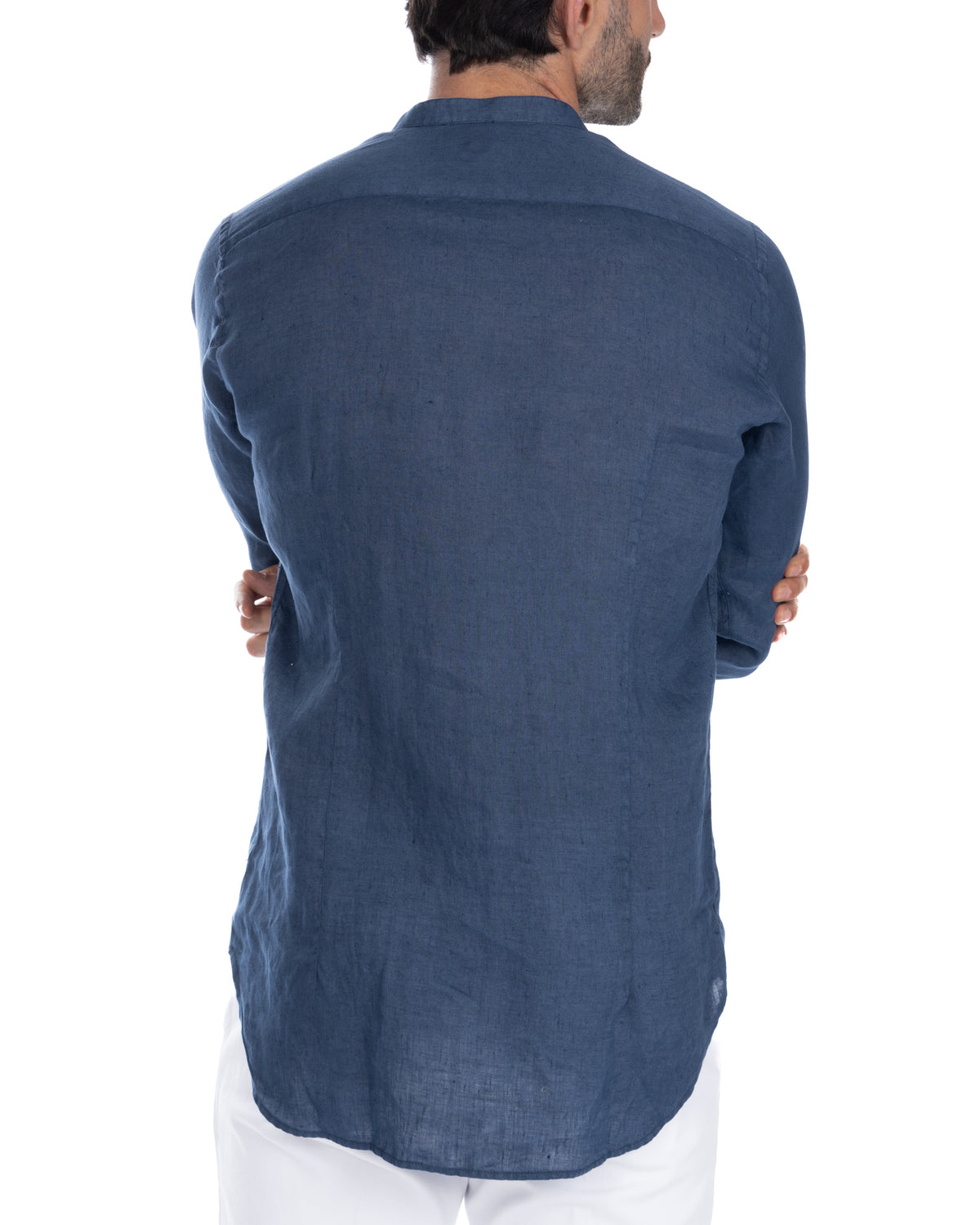 Navy blue linen men's long sleeve shirt, relaxed fit, back view. Breathable fabric, casual style.