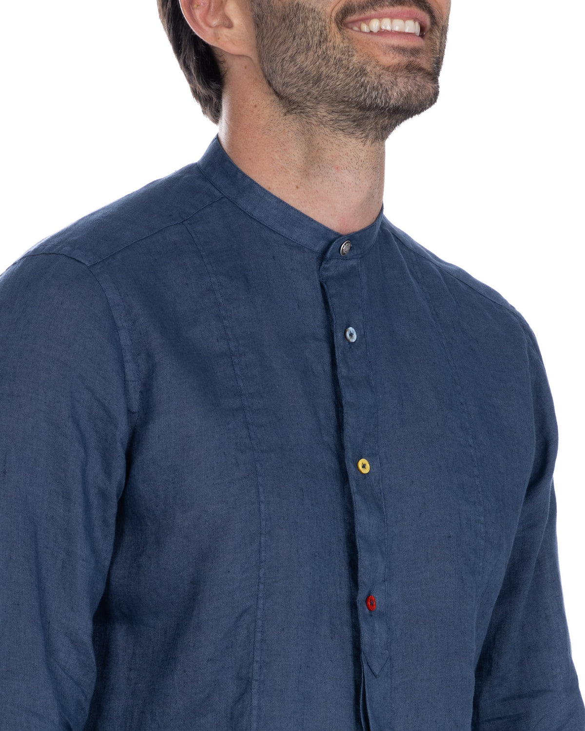 Navy blue linen band collar shirt with colorful buttons, long sleeves, relaxed fit.