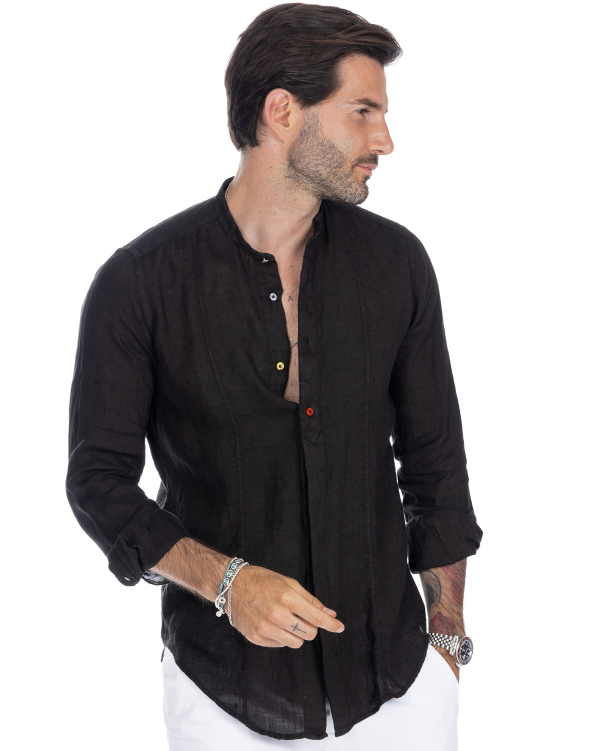 Men's black linen button-up shirt with colorful buttons, long sleeves, and mandarin collar. Casual summer style.