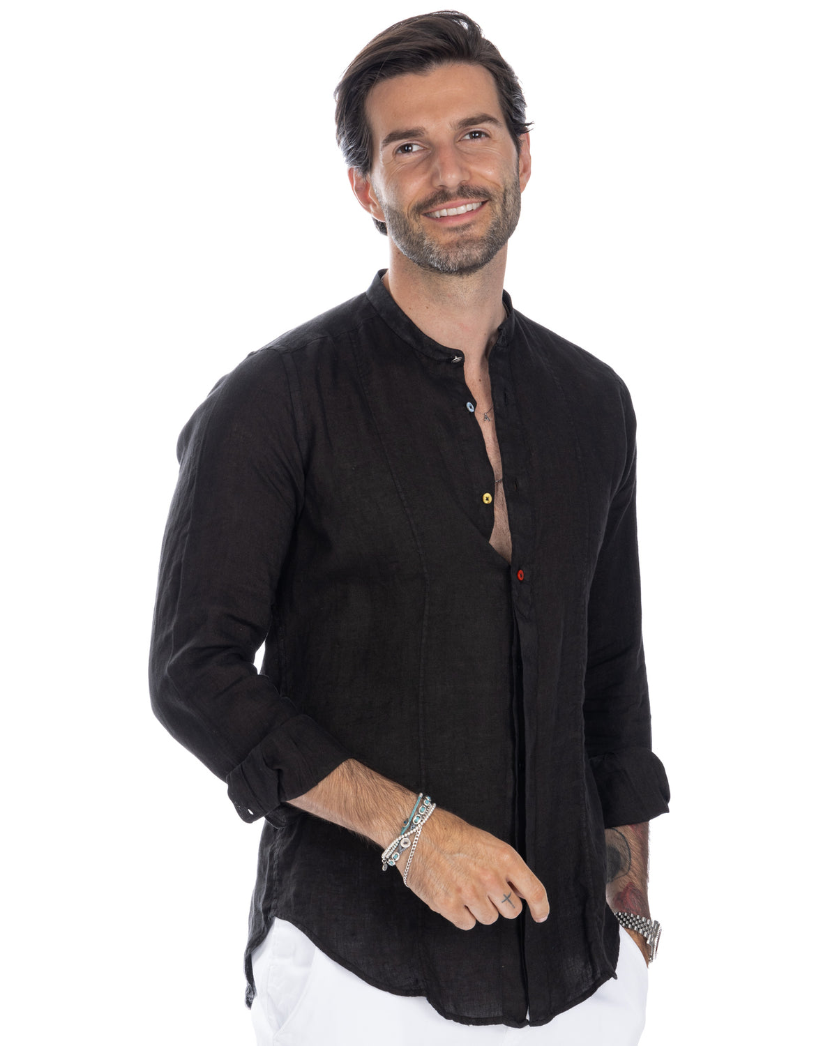 Men's black linen long sleeve shirt with mandarin collar, colorful buttons, and relaxed fit.