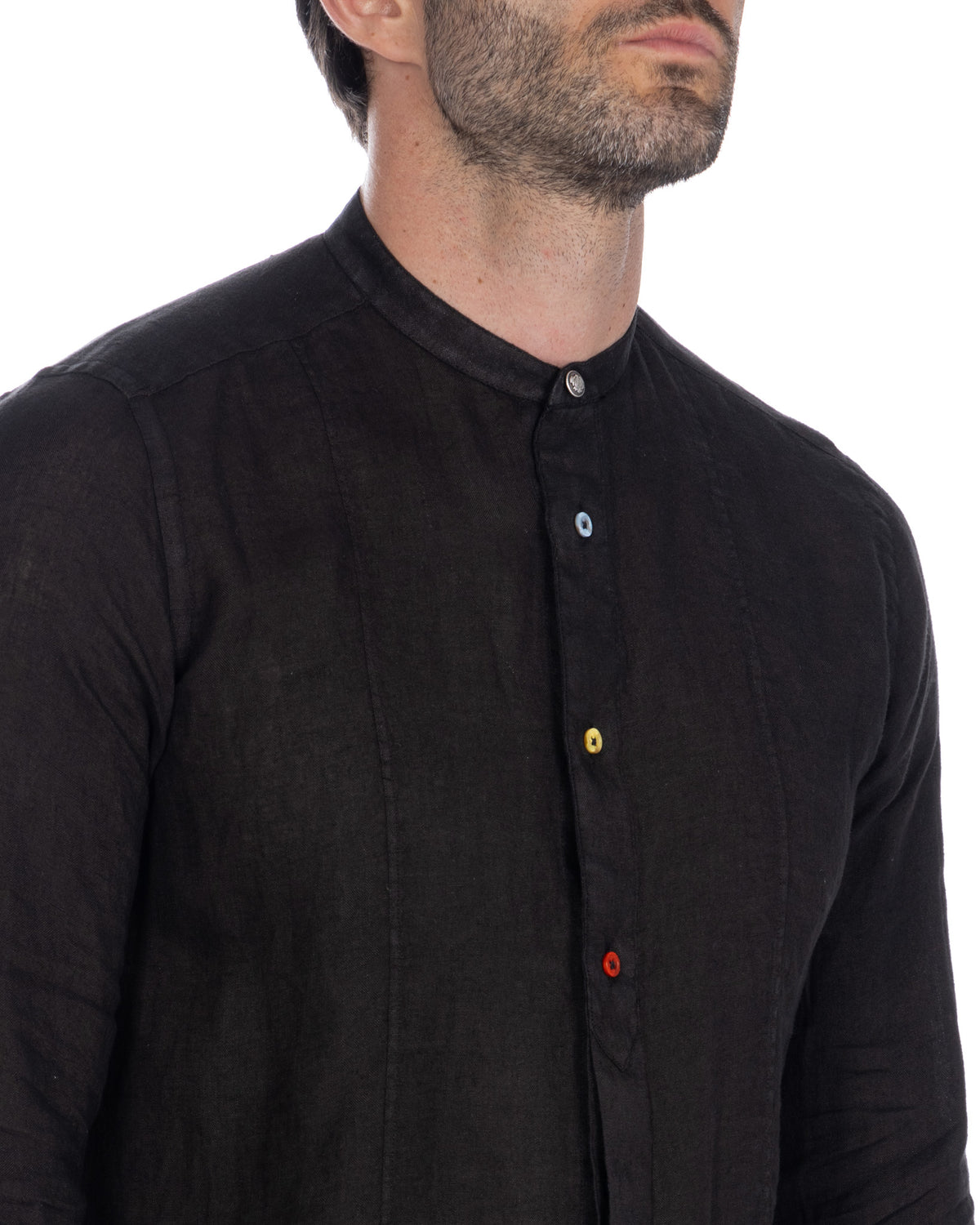 Black cotton band collar shirt with colorful buttons, long sleeves, and slim fit design.