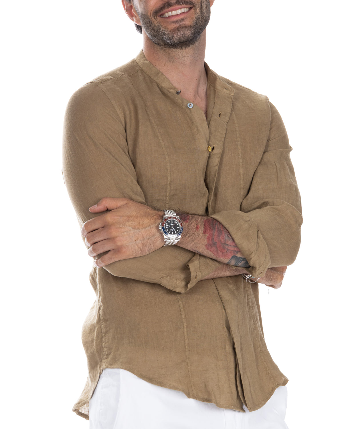 Tan linen long-sleeve button-up shirt for men, relaxed fit, lightweight fabric, casual style