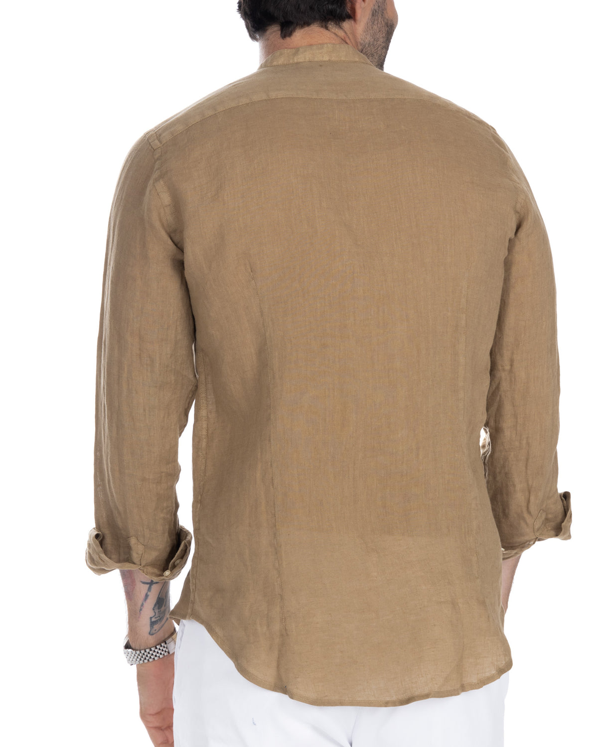 Tan linen men's long sleeve shirt, relaxed fit with rolled cuffs, back view. Lightweight natural fabric casual button-up.