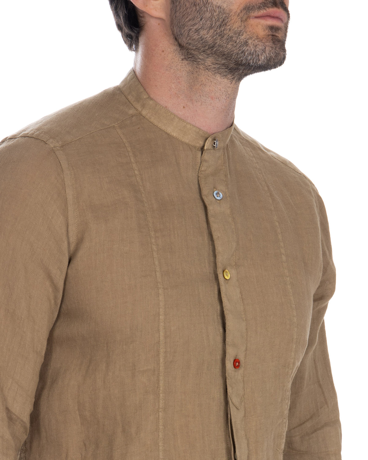 Tan linen band collar shirt with multicolored buttons, relaxed fit long sleeve casual top