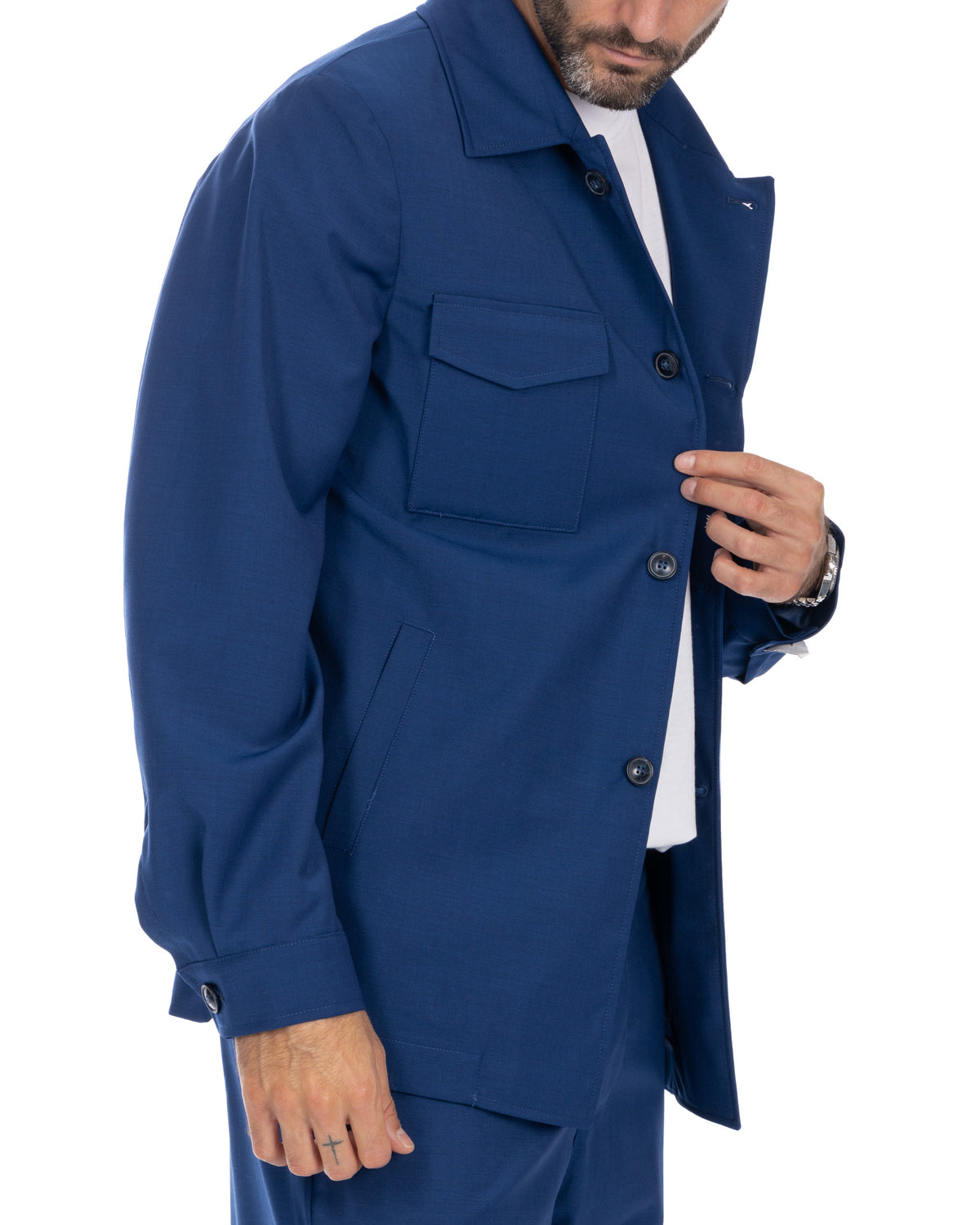 Navy blue men's button-up jacket with chest pocket, tailored fit, long sleeves. Smart casual style outerwear.