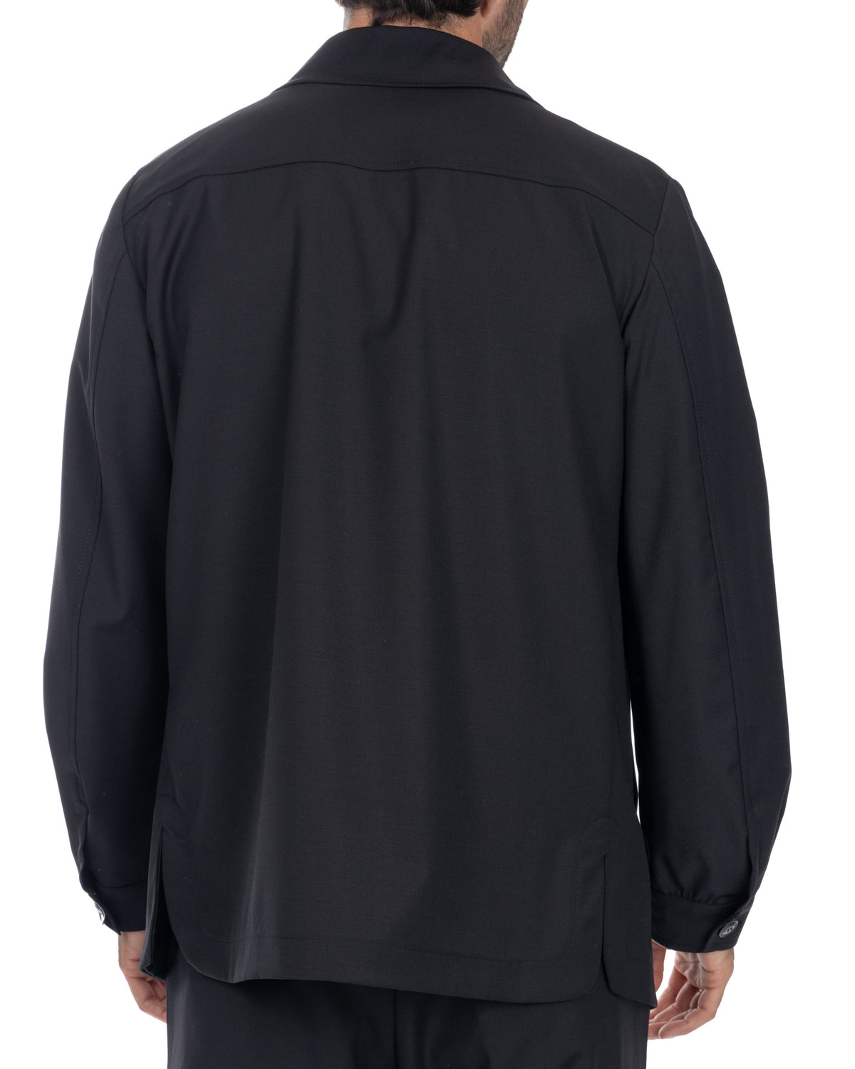 Black men's suit jacket, long sleeve, back view. Formal business blazer with center vent and button cuffs.