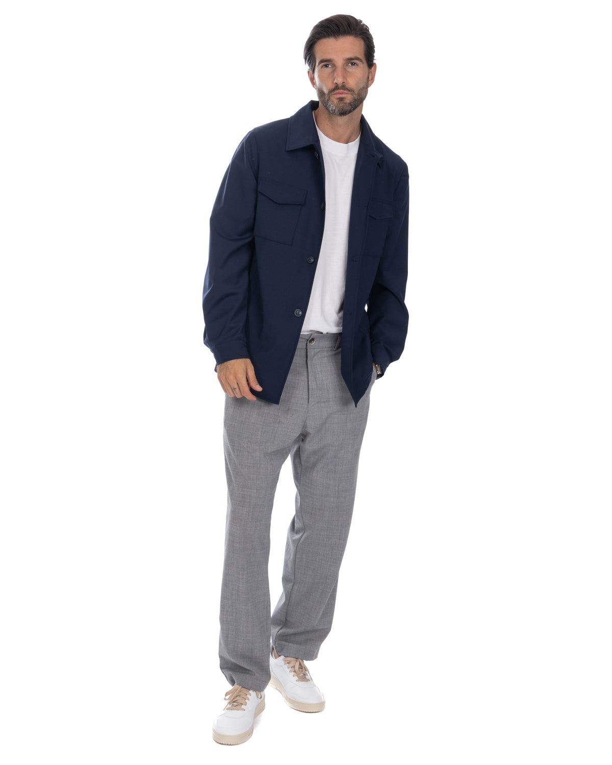 Navy wool overshirt jacket with grey trousers and white sneakers, men's smart casual outfit