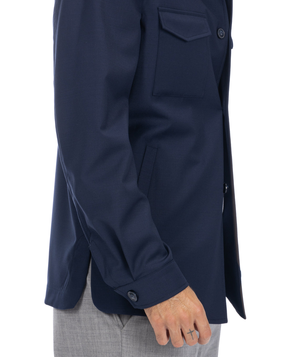 Navy blue cotton button-up shirt with chest pocket, long sleeves, and tailored fit. Men's casual dress shirt.