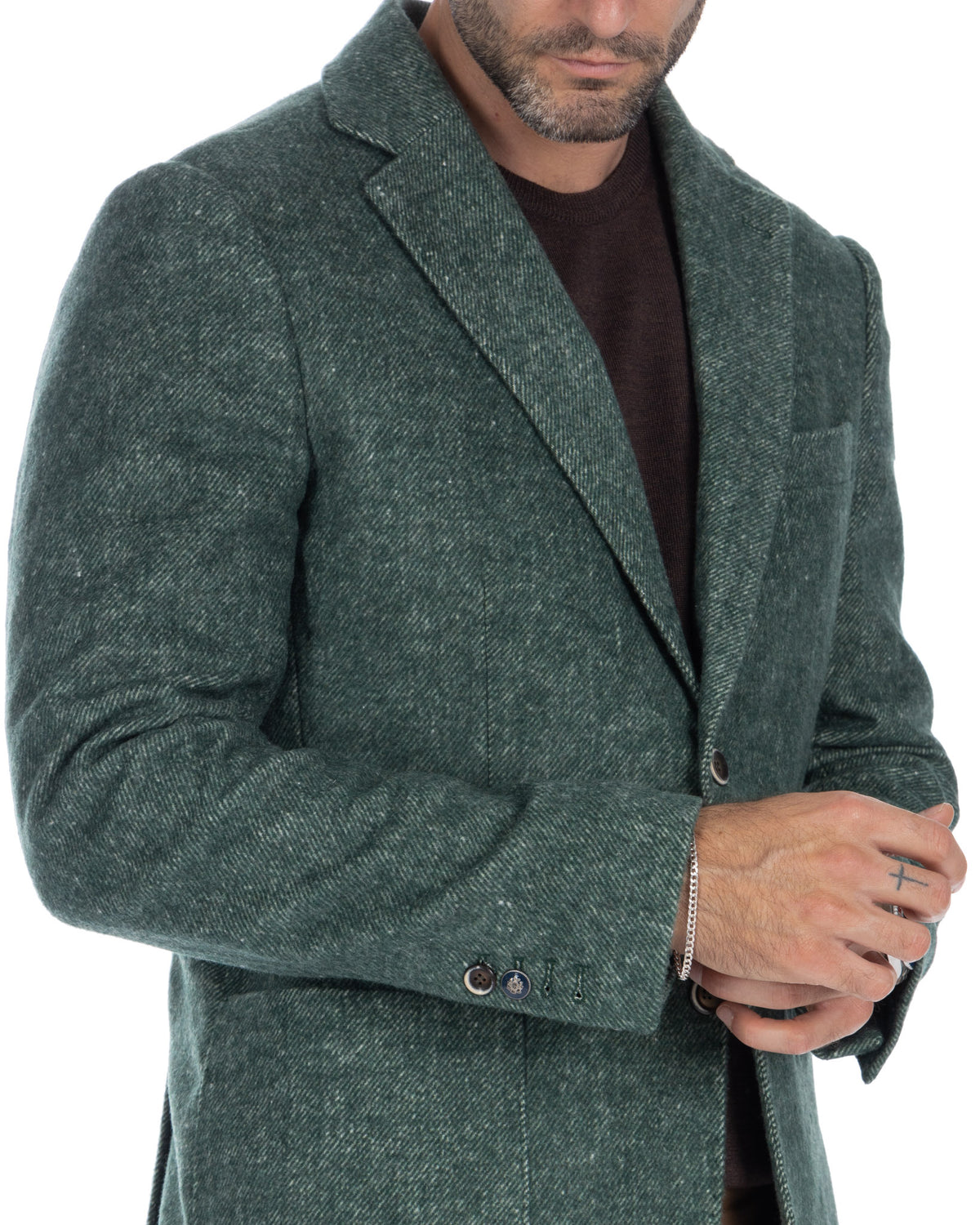 Green herringbone wool overcoat for men, single-breasted with notched lapels and button cuffs.