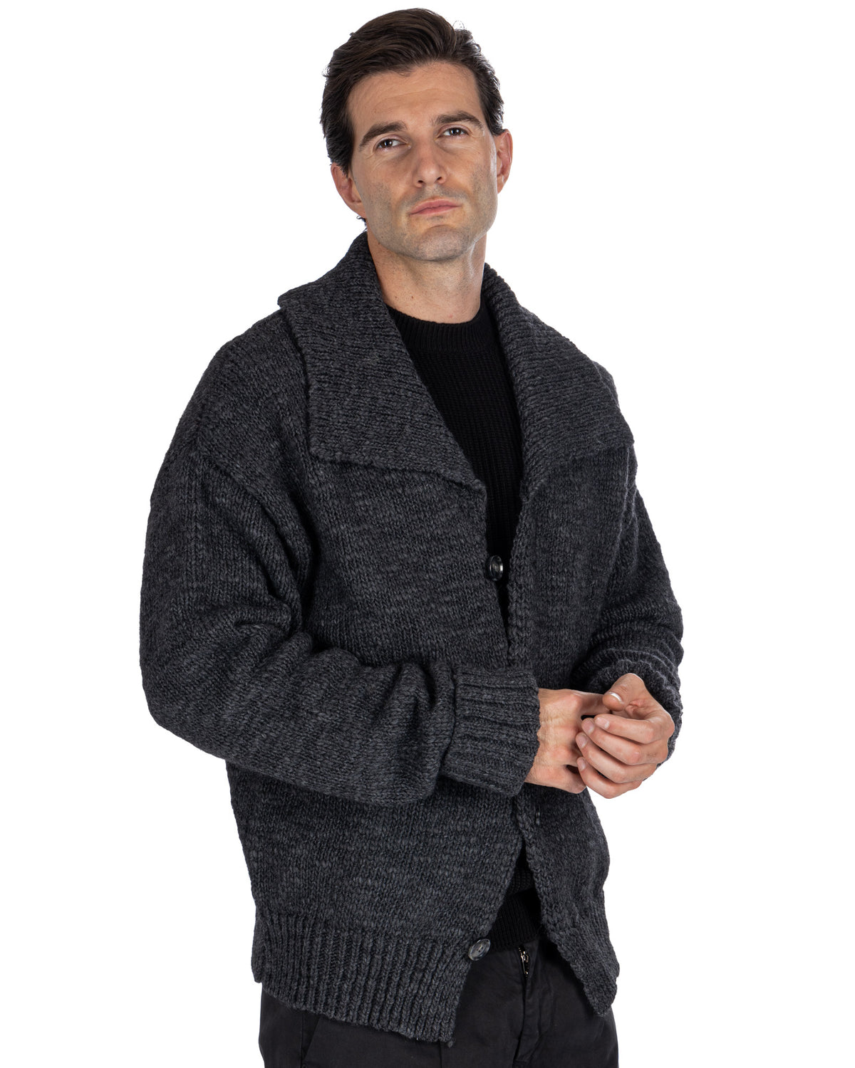 Men's dark gray chunky knit wool blend cardigan with shawl collar, button front, and ribbed cuffs.