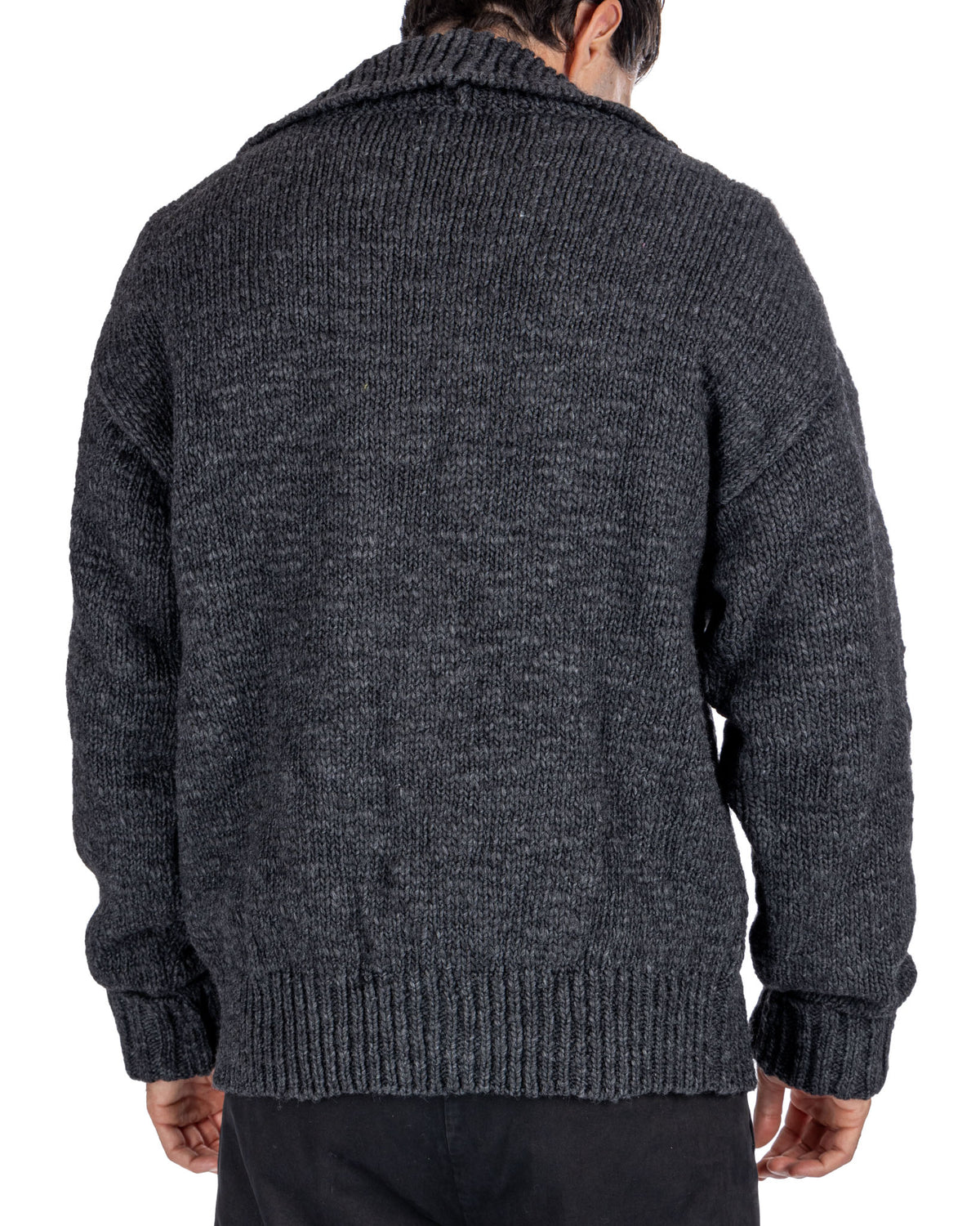 Dark gray wool knit cardigan sweater for men, featuring ribbed collar, cuffs and hem. Back view.