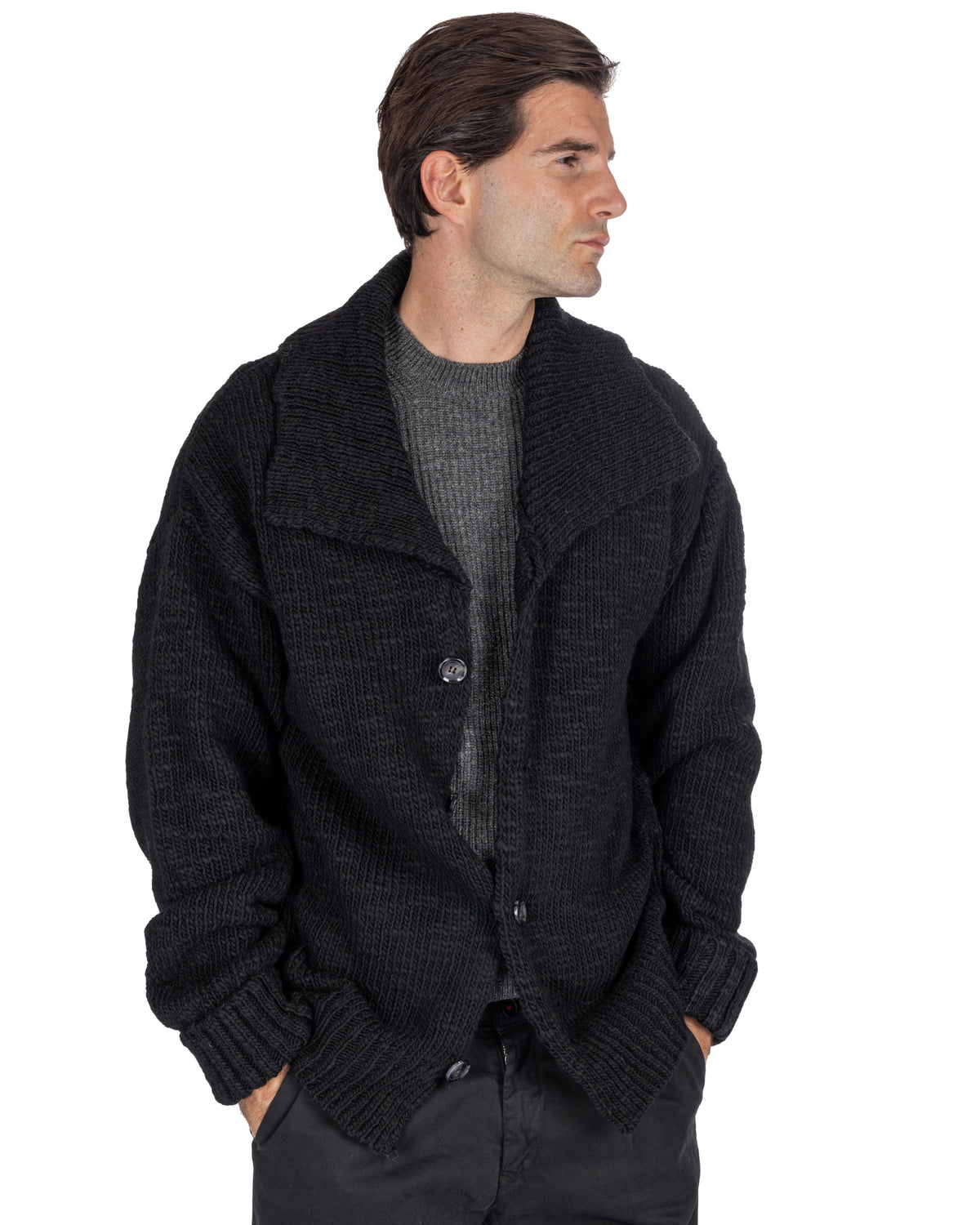 Black chunky knit shawl collar cardigan sweater for men, button front, ribbed cuffs, winter wool blend outerwear