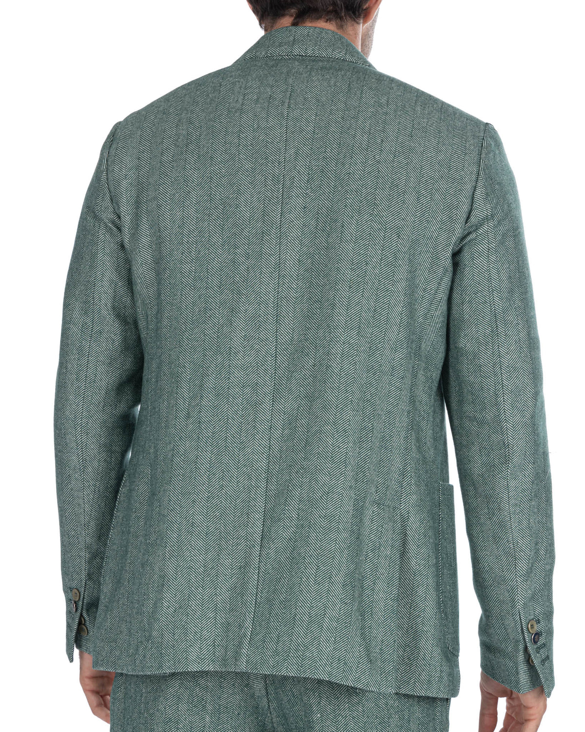 Green herringbone wool suit jacket, back view. Tailored fit, single vent, button cuffs. Men's formal blazer.