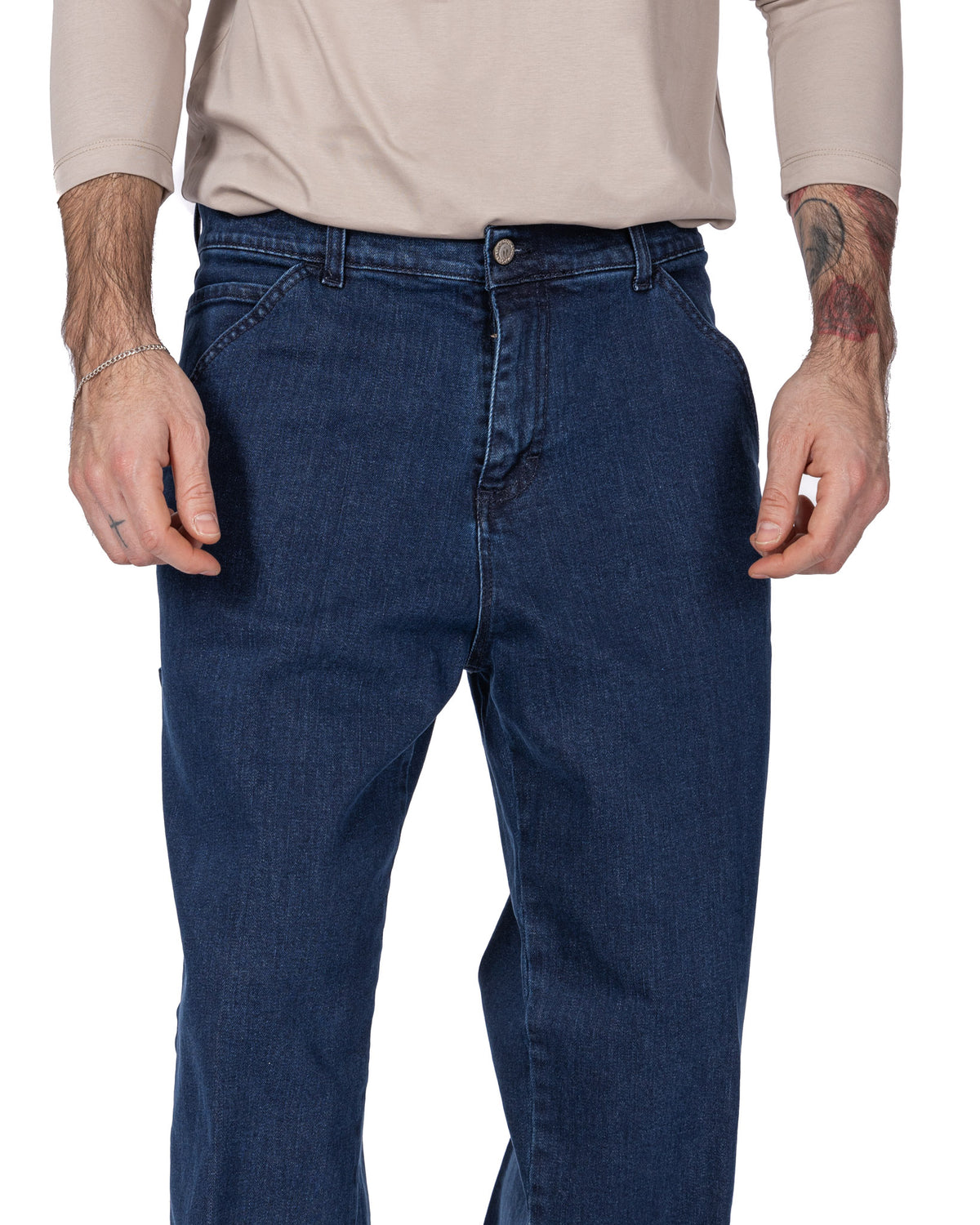 Men's dark blue denim jeans, straight leg fit, button fly, front pockets. Casual cotton pants in indigo wash.