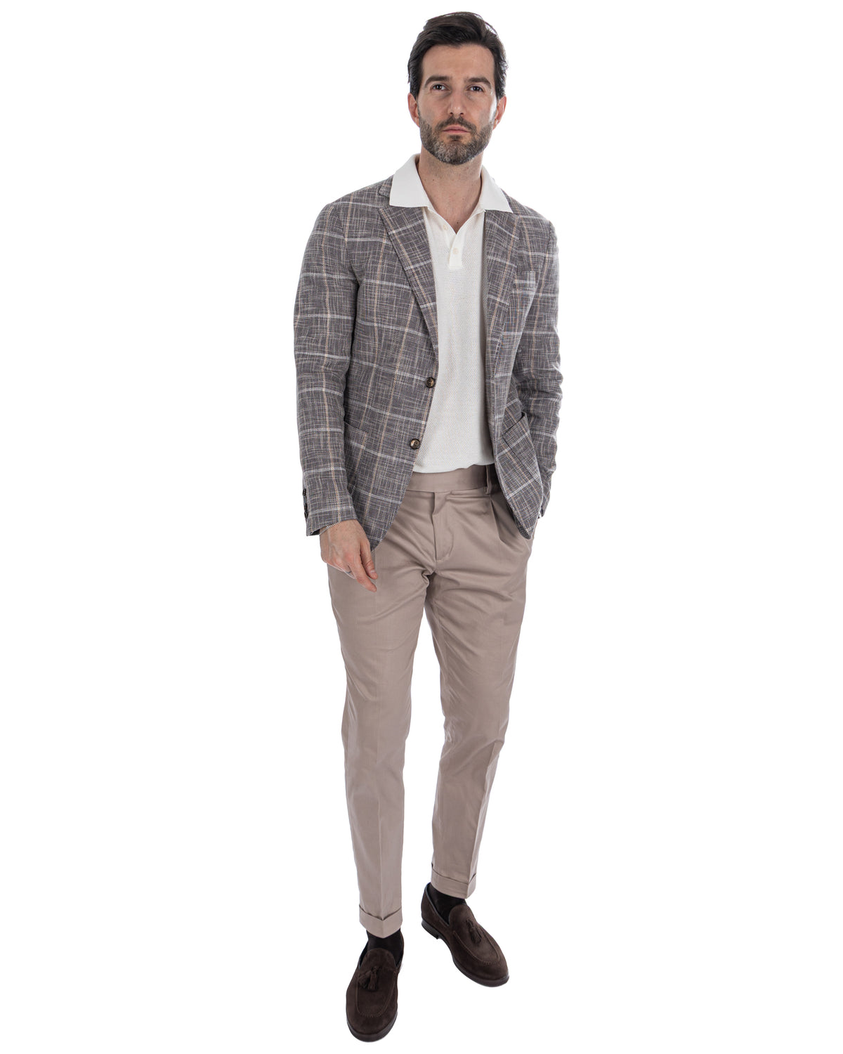 Men's gray plaid wool blazer with beige chinos, white polo shirt and brown suede loafers - smart casual outfit