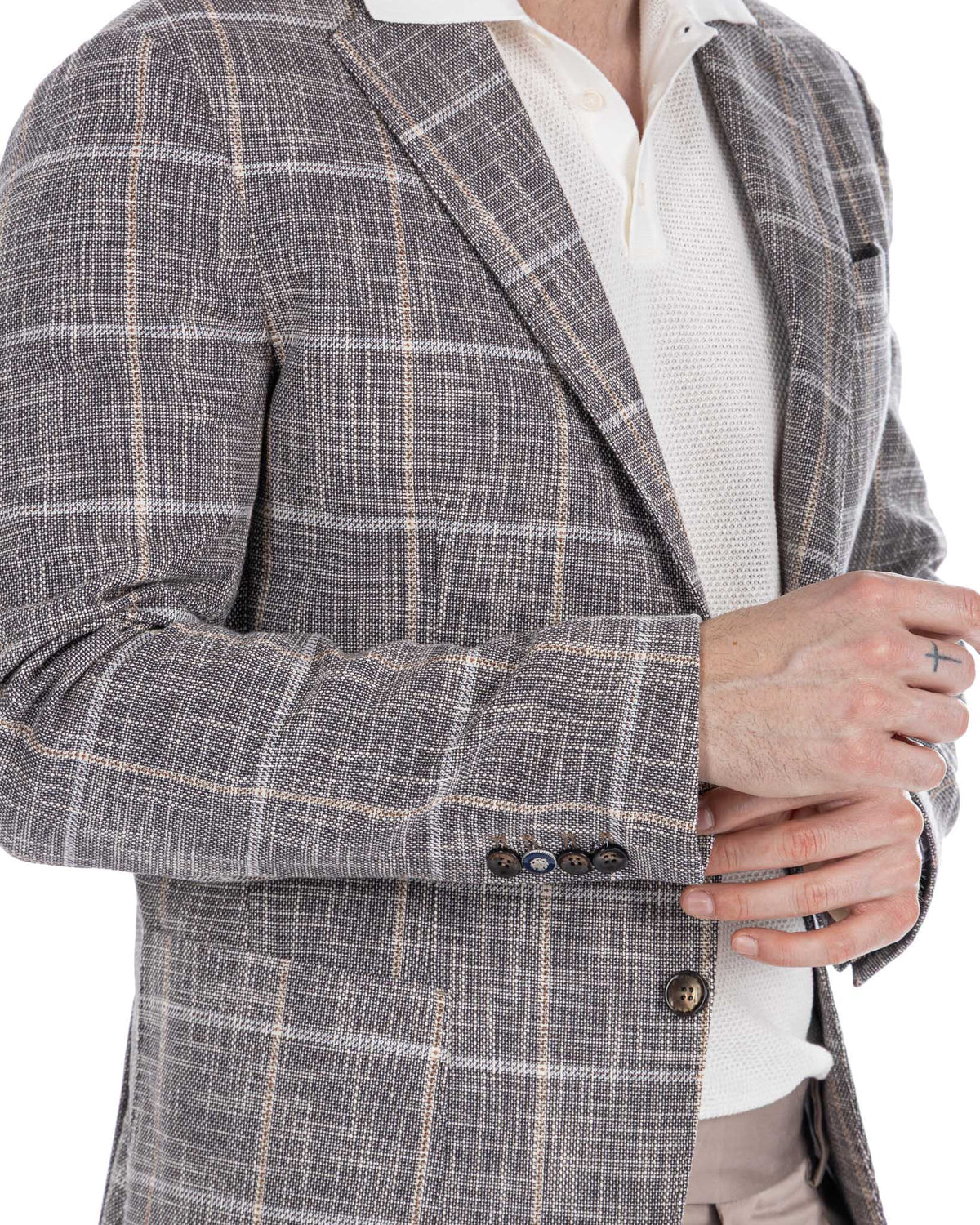 Men's brown plaid wool blend blazer with notched lapel, single button closure, and sleeve buttons.