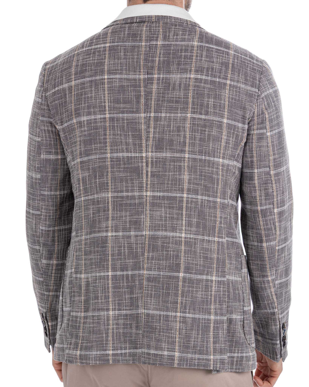 Men's gray plaid wool blend blazer, windowpane check pattern, slim fit sport coat jacket back view
