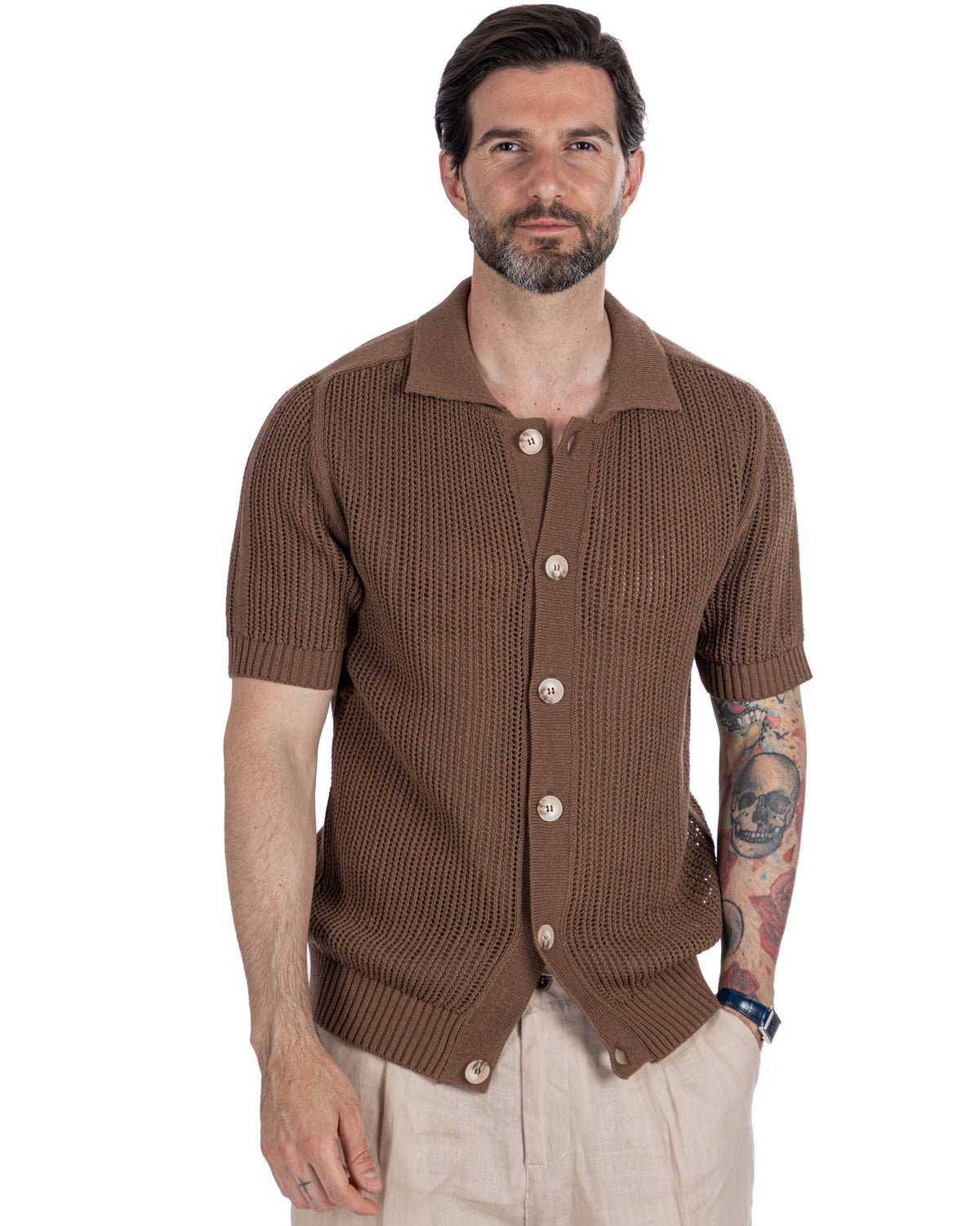 Brown short sleeve knit cardigan with collar, button front, and ribbed trim. Men's cotton blend summer sweater.