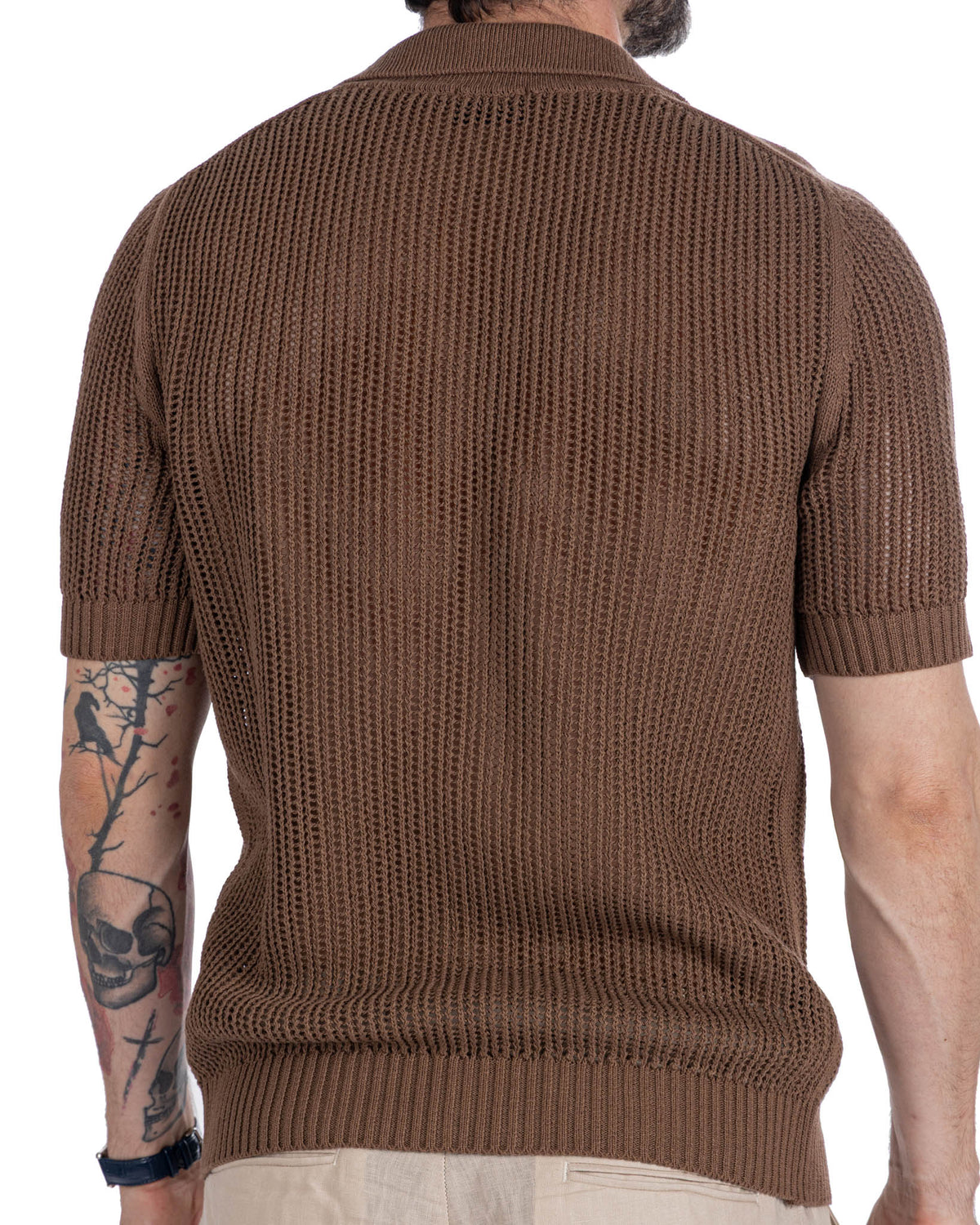 Brown short sleeve knit polo shirt, waffle texture, ribbed collar and hem, cotton blend, back view.