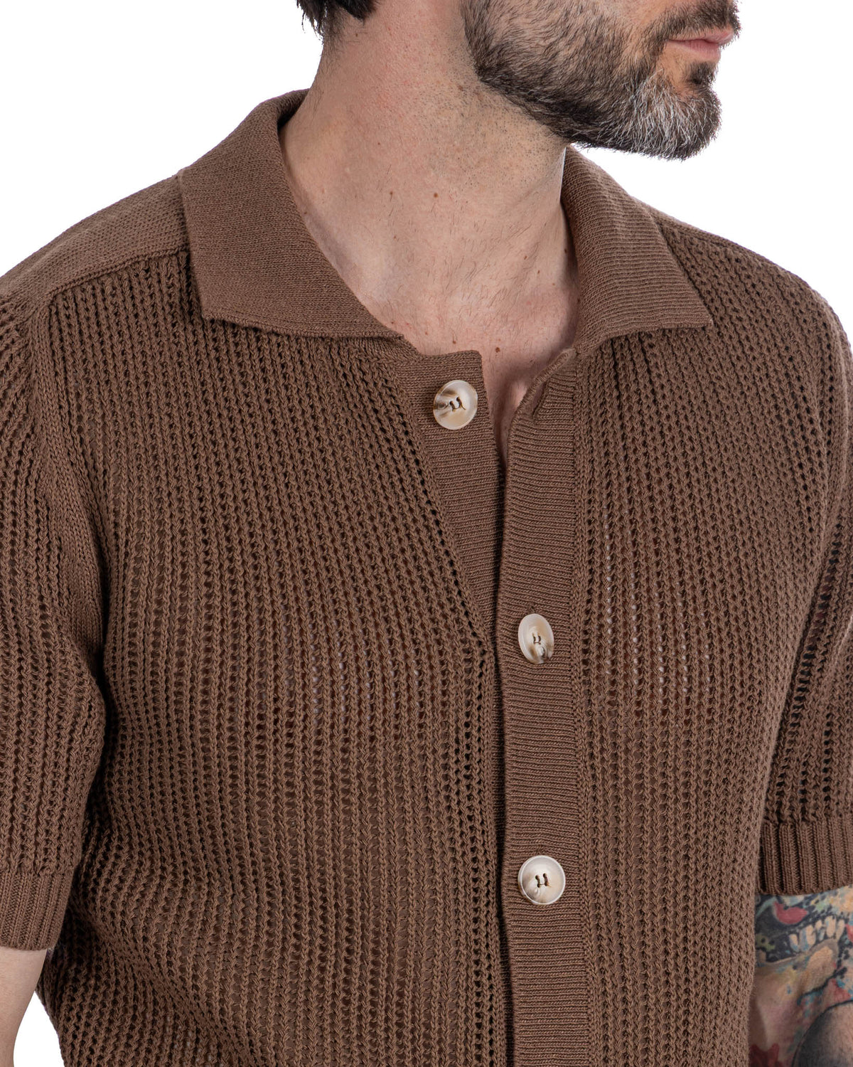 Brown open-knit cotton cardigan with polo collar, mother-of-pearl buttons, and short sleeves.