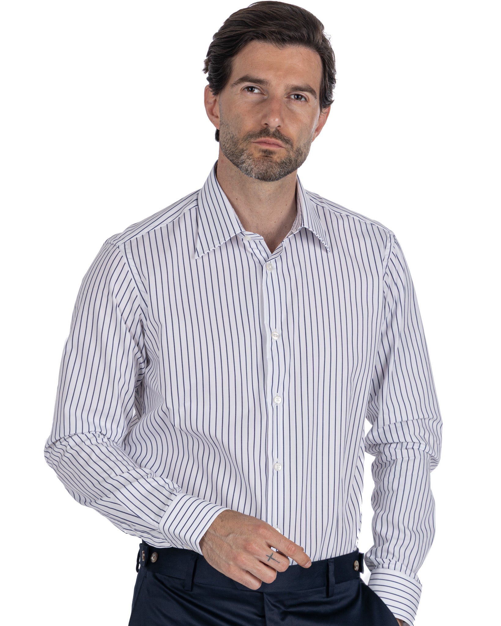 Camicia Walther a righe blu in popeline di cotone