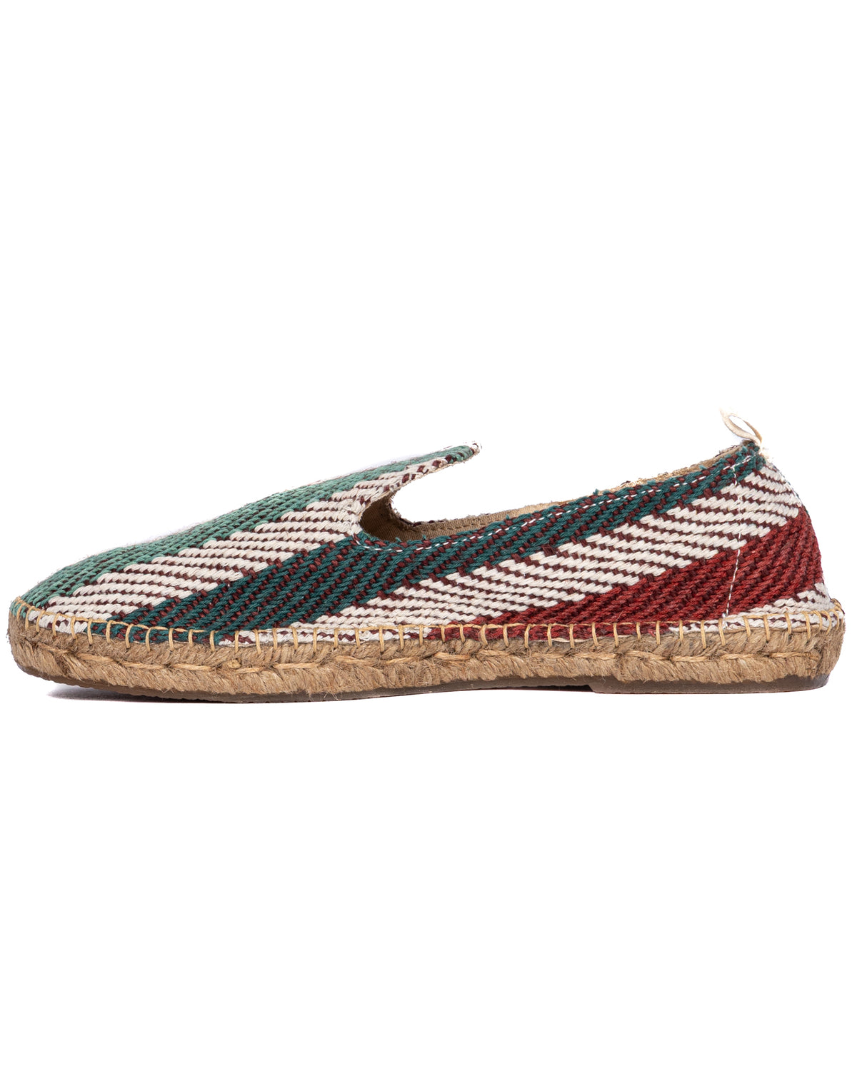 Colorful woven espadrille slip-on shoe with teal, red, and white patterned fabric upper and natural jute rope sole.