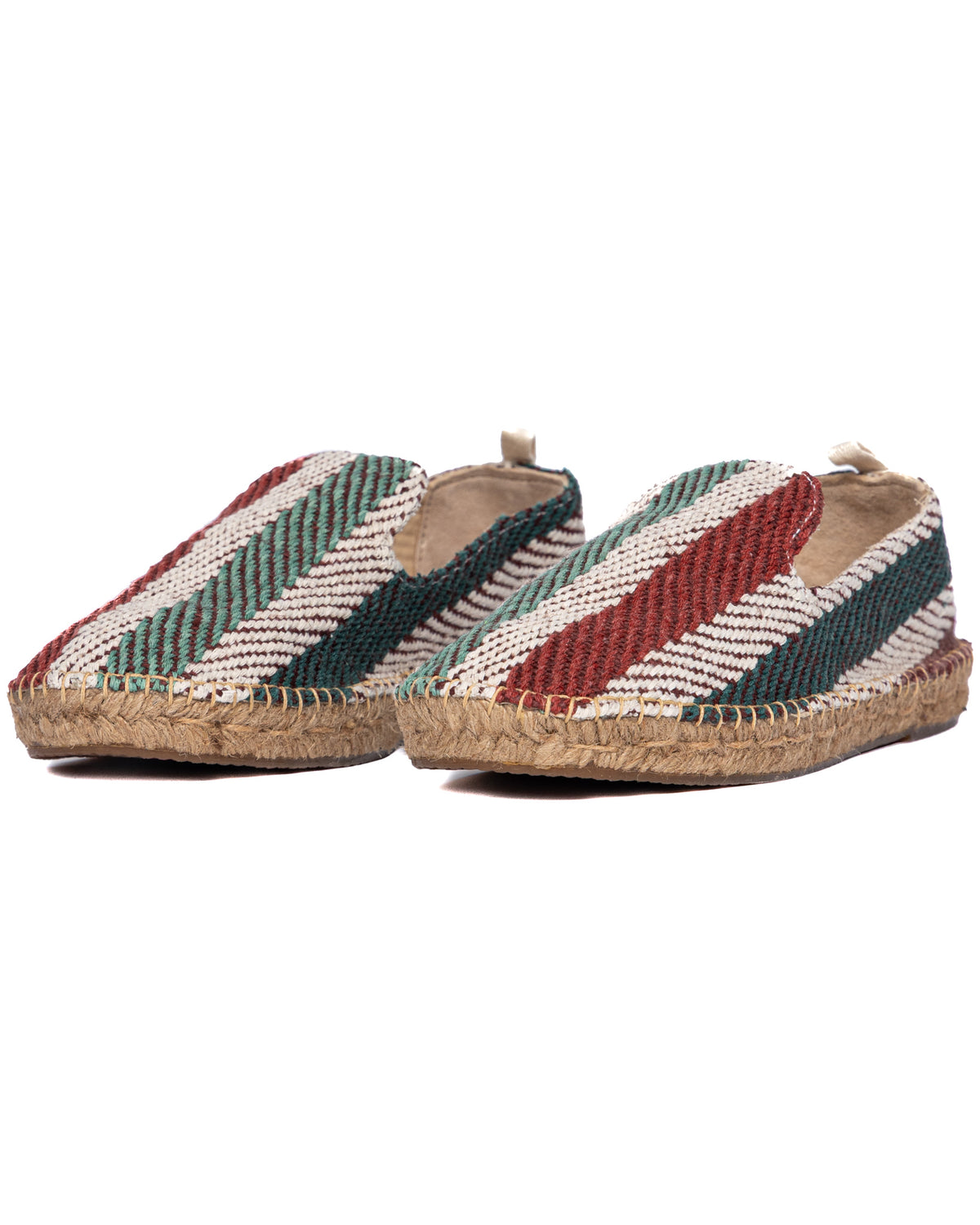 Striped canvas espadrilles with red, green, and white pattern, jute rope sole, slip-on style casual shoes