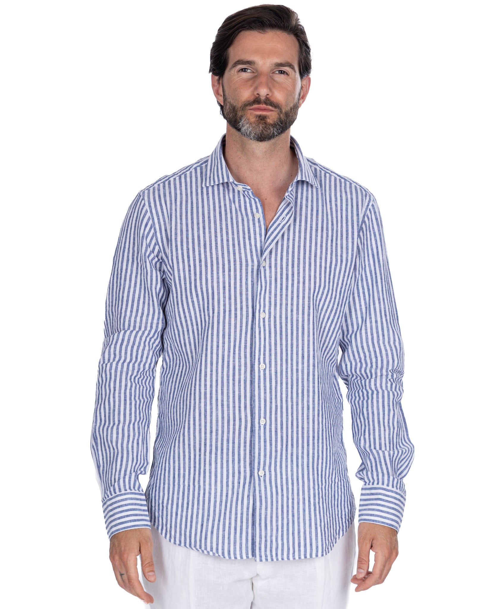 Camicia Cassis in lino e cotone a righe blu