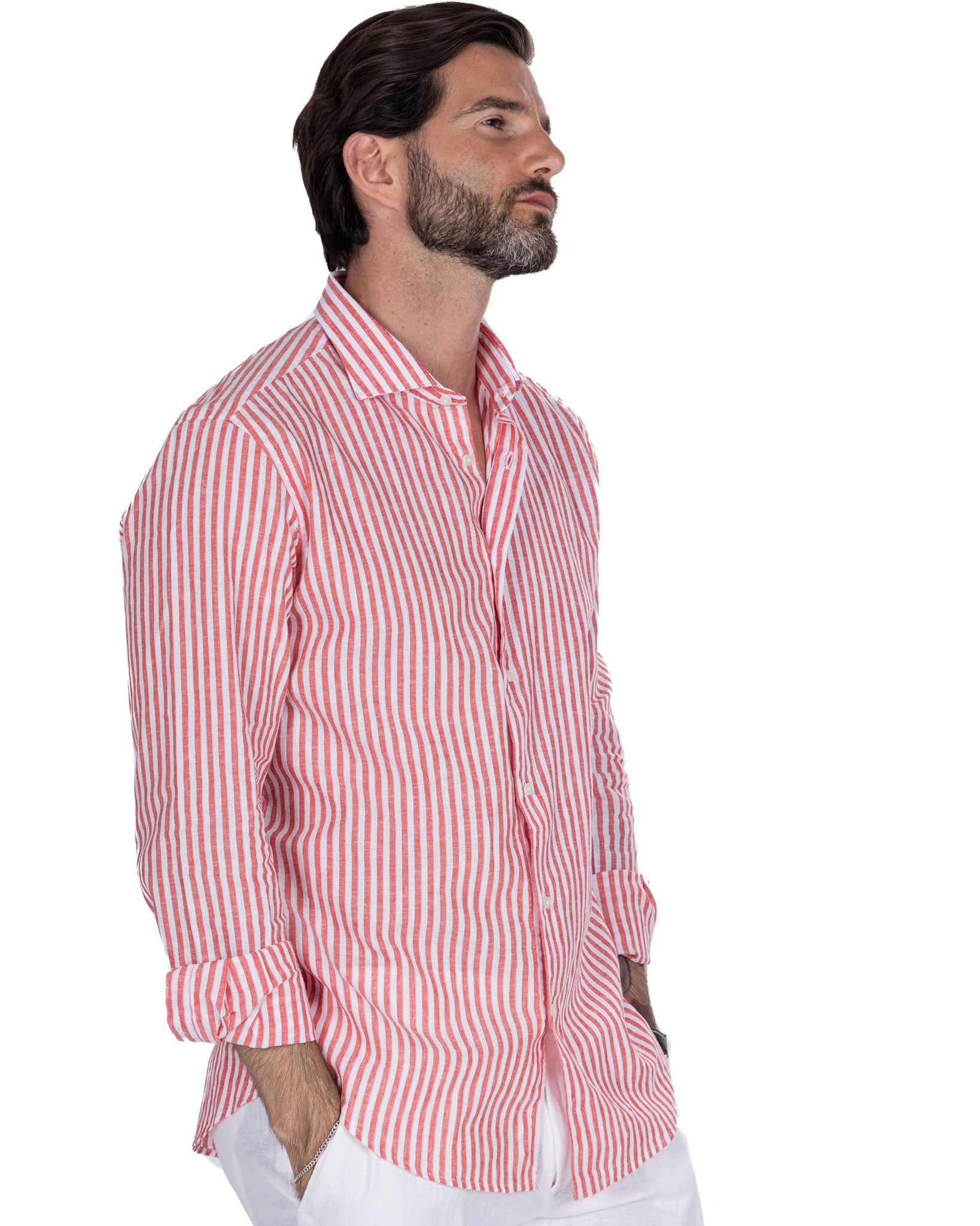 Camicia Cassis in lino e cotone a righe rosse