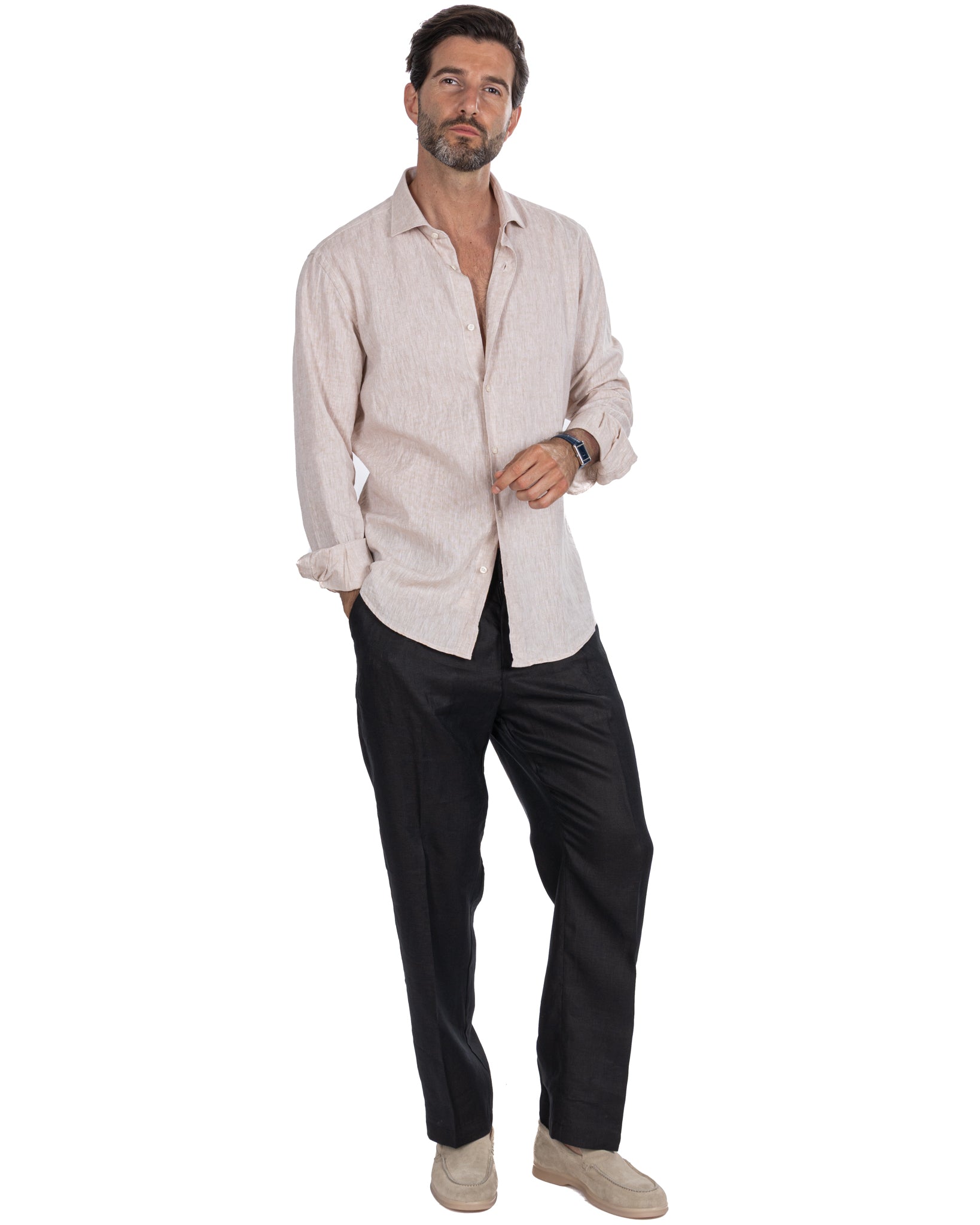 Lucas - pantalone largo in puro lino nero con pinces