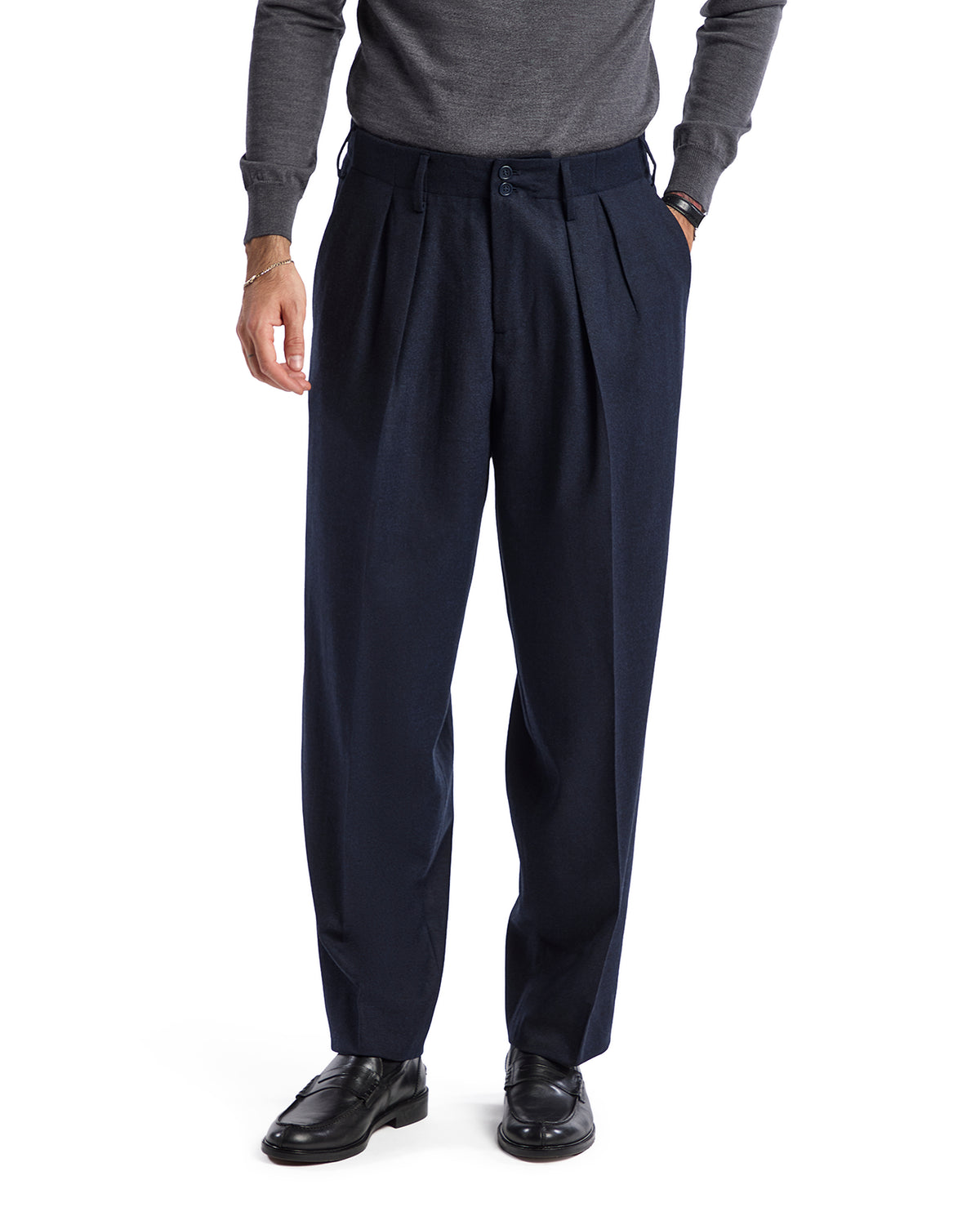 Men's navy pleated trousers made from wool blend, featuring a classic fit and styled with a button closure.