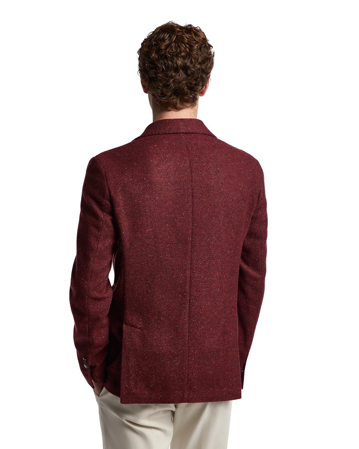Men's burgundy wool blazer with a tailored fit and classic notch lapels, perfect for formal occasions.