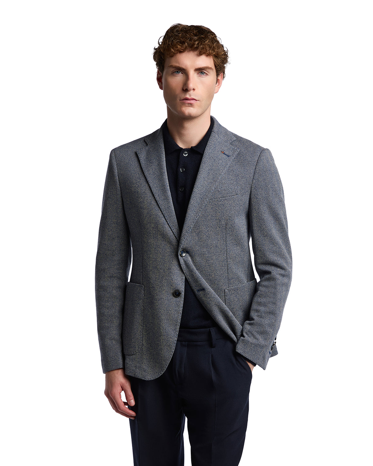 Men's grey tweed blazer with notch lapels, featuring a tailored fit and stylish pockets, perfect for smart-casual wear.
