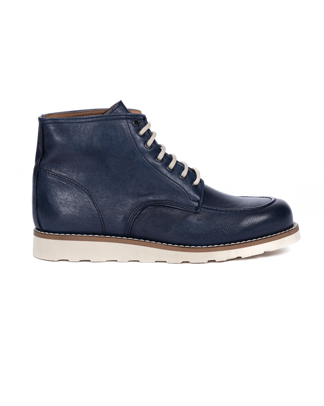 Navy blue leather lace-up ankle boot with white sole, cream laces, and moc toe design.