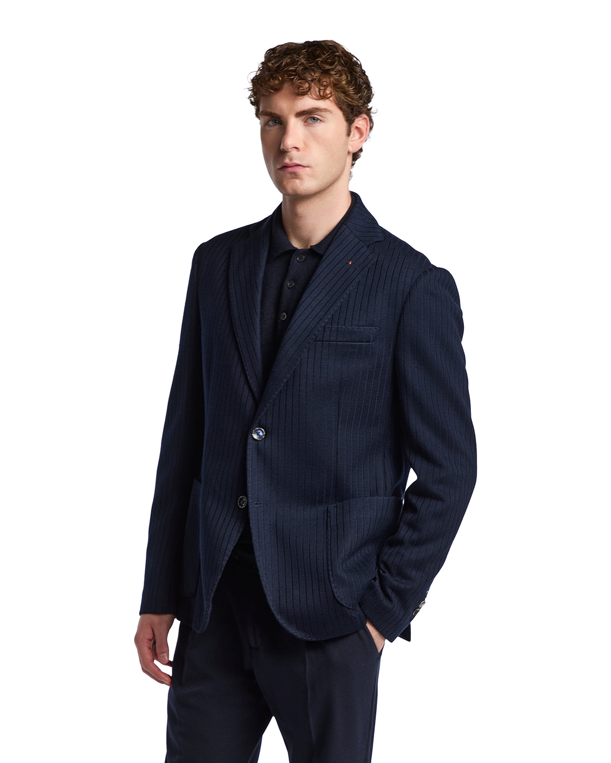Men's navy striped blazer, tailored fit, made of lightweight fabric with a sleek, modern design. Perfect for formal occasions.