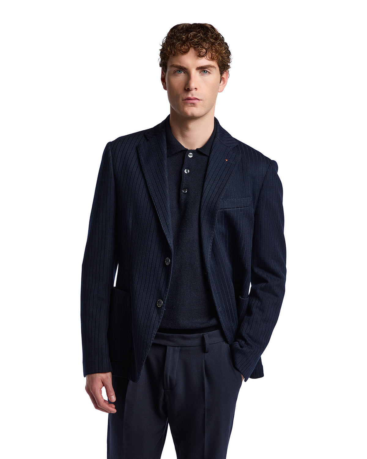 Men's navy pinstripe blazer made of lightweight fabric, styled with a classic fit and single-button closure.