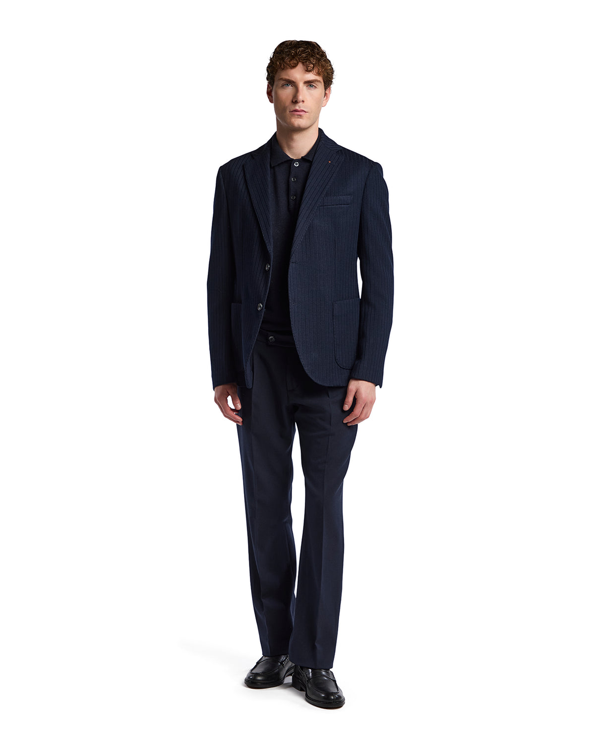 Men's navy pinstriped suit jacket with matching trousers, tailored fit, crafted from high-quality wool blend.