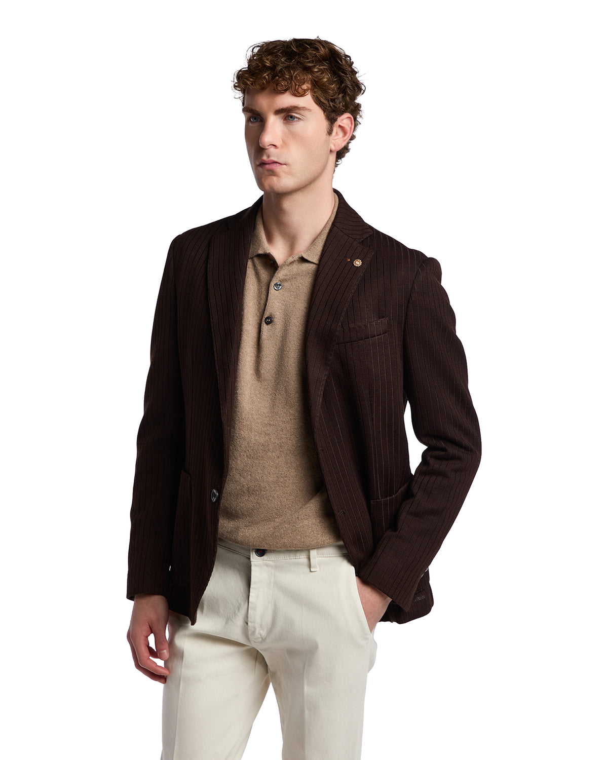 Brown pinstripe blazer on a male model, paired with a tan polo and beige trousers for a sophisticated look.