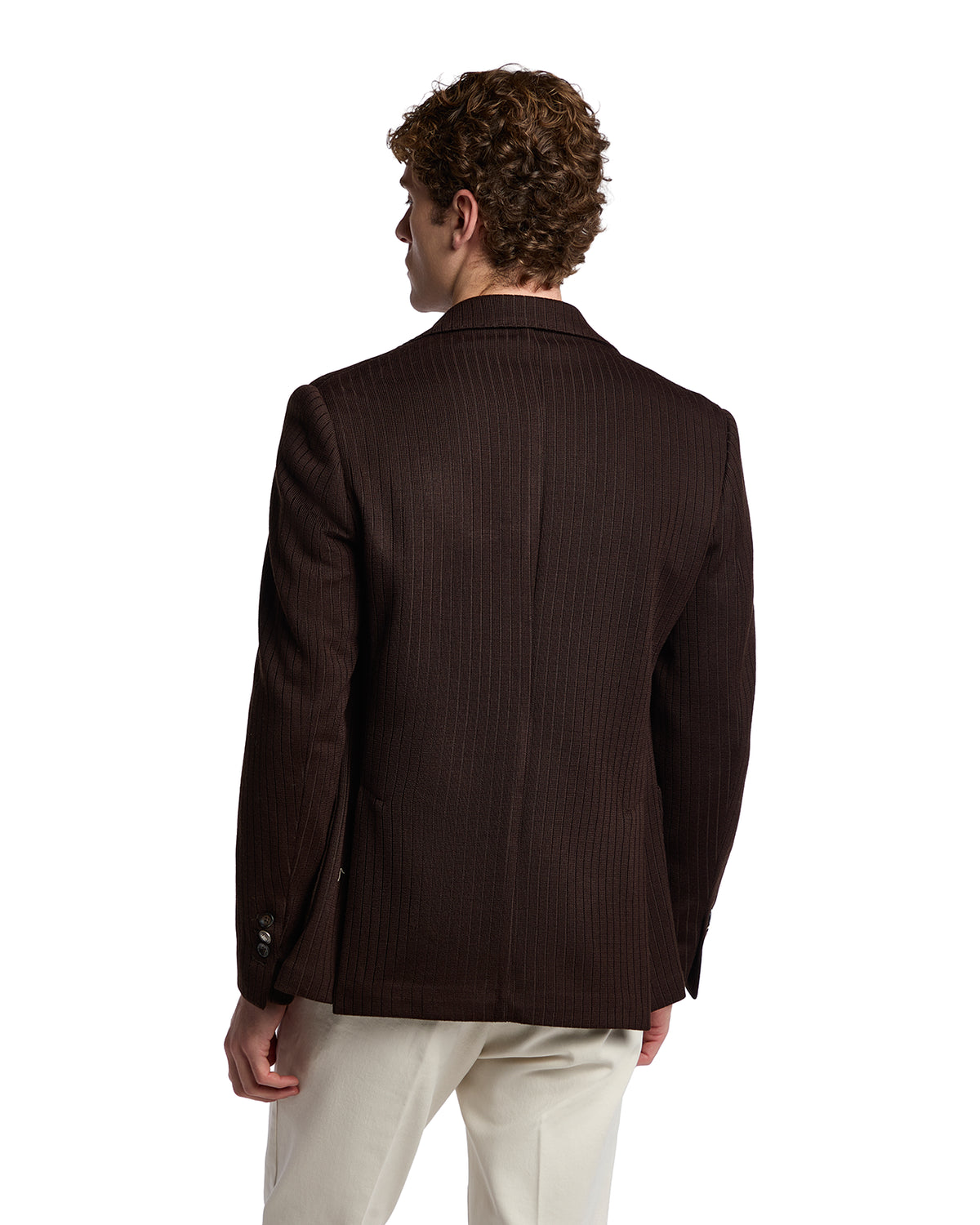 Brown pinstriped men's blazer made from soft fabric, showcasing a tailored fit and elegant design.
