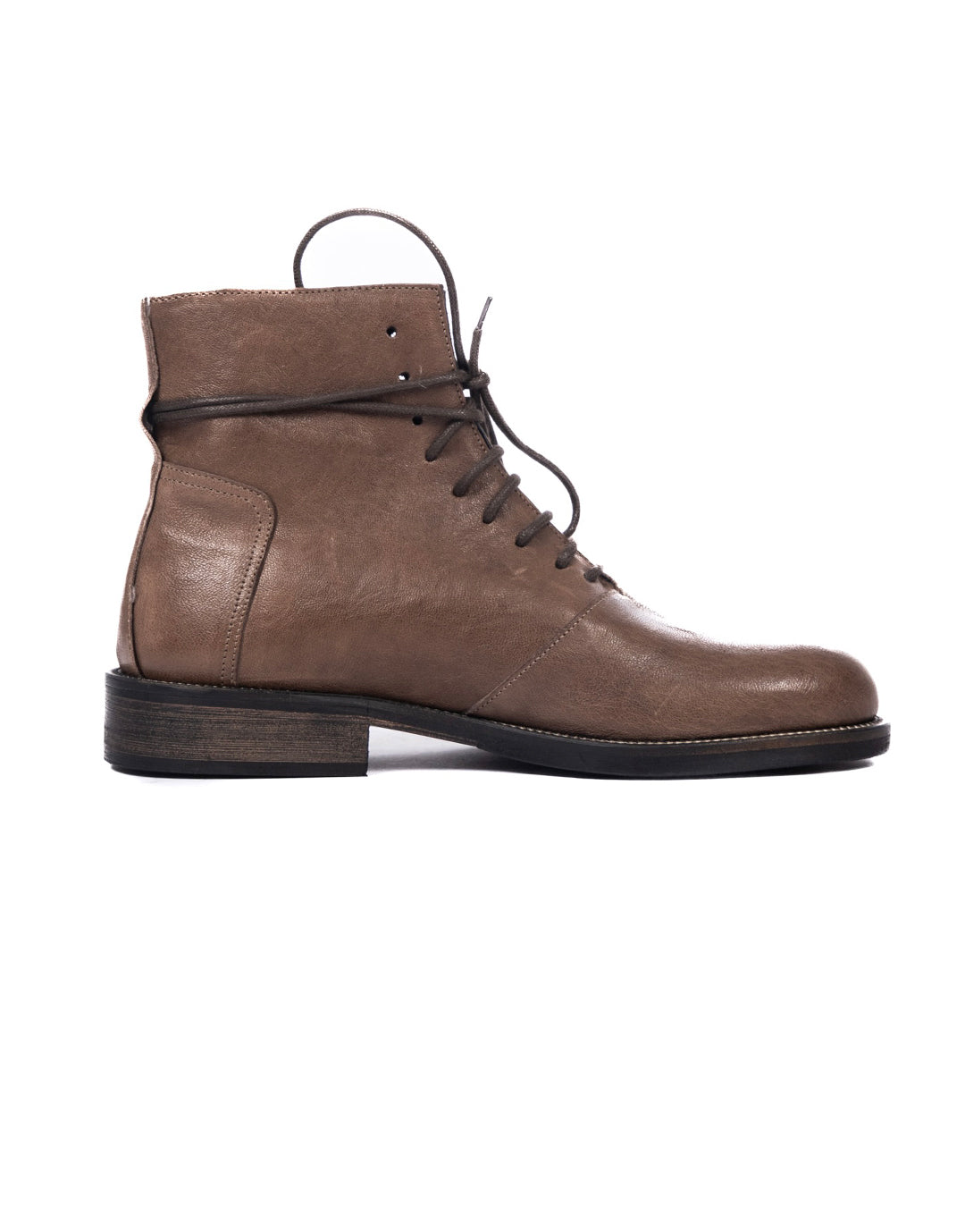 Brown leather lace-up ankle boot with low stacked heel and round toe, side view on white background