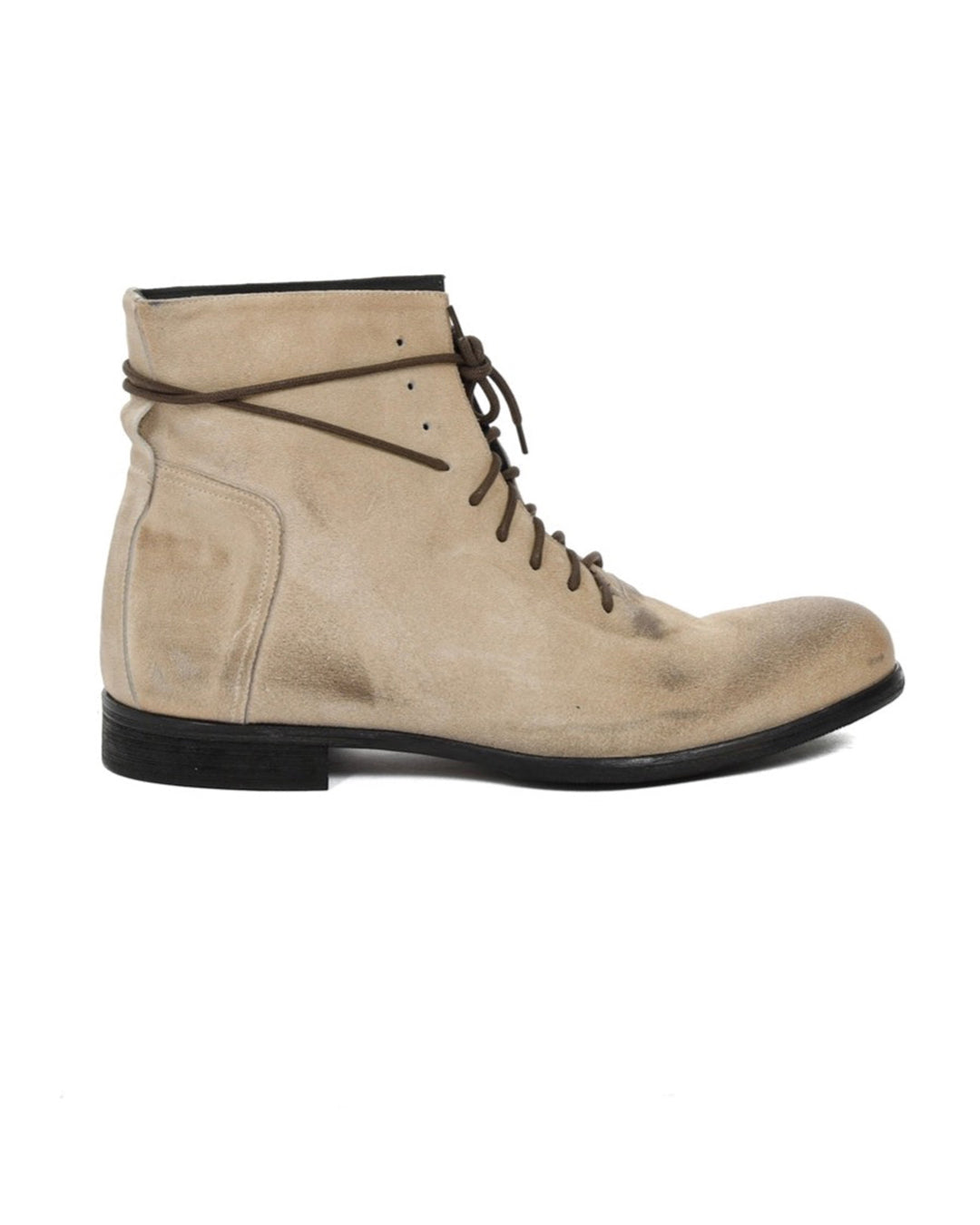Beige suede lace-up ankle boot with dark brown laces and black sole, casual minimalist style