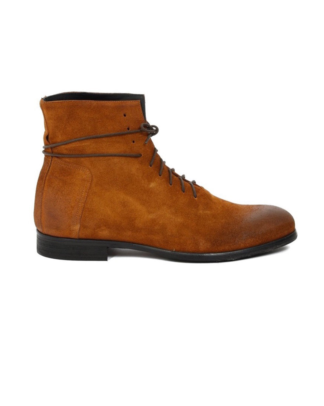 Tan suede lace-up ankle boots with dark brown laces and black sole, men's casual dress boot style