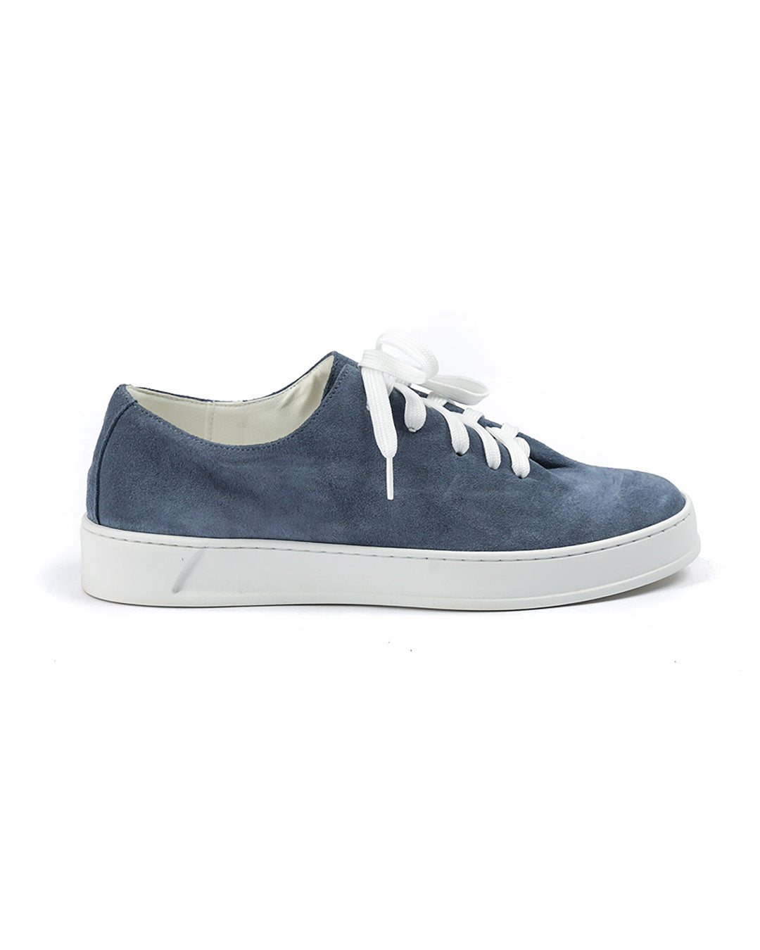 Navy blue suede lace-up sneaker with white rubber sole and laces, casual low-top shoe