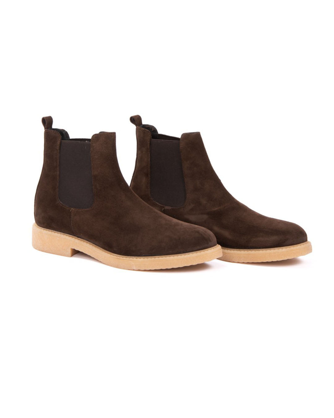 Brown suede Chelsea boots with elastic side panels and light tan rubber sole, men's ankle booties